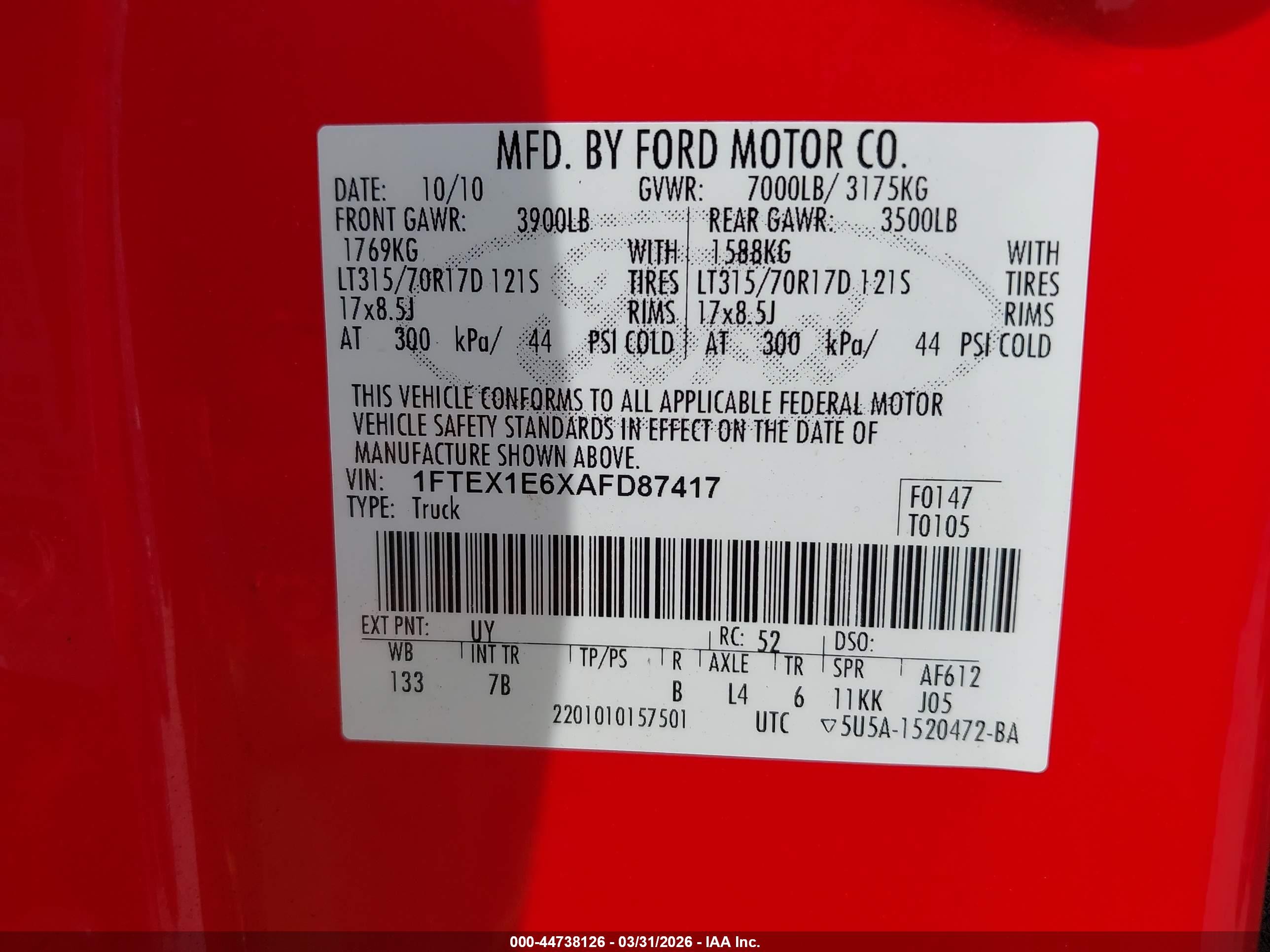 2010 Ford F-150 Svt Raptor Red vin: 1FTEX1E6XAFD87417