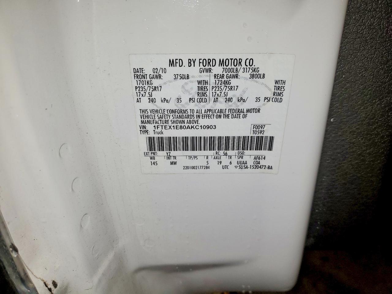 2010 Ford F150 Super Cab White vin: 1FTEX1E80AKC10903