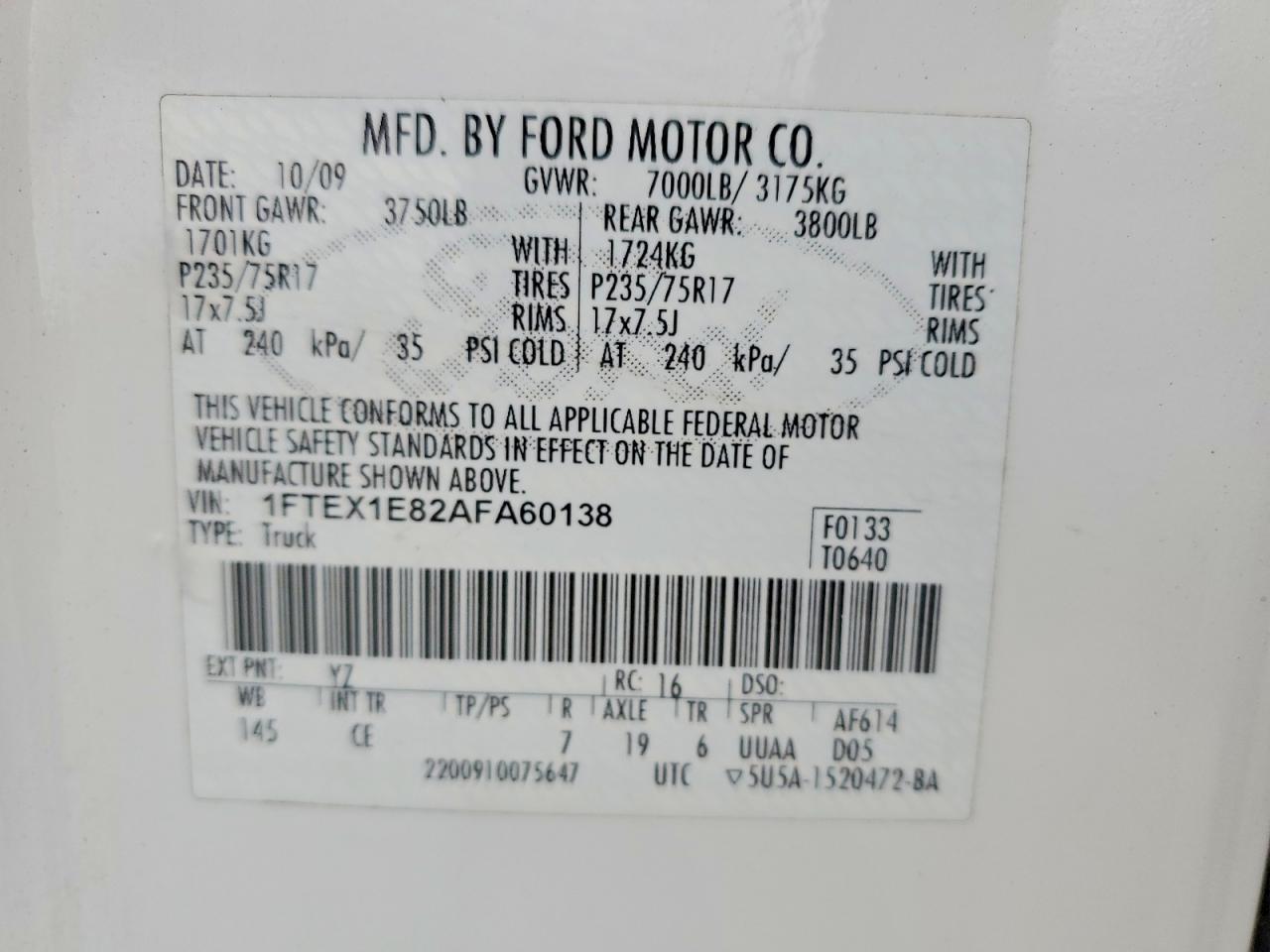 2010 Ford F150 Super Cab Белый vin: 1FTEX1E82AFA60138