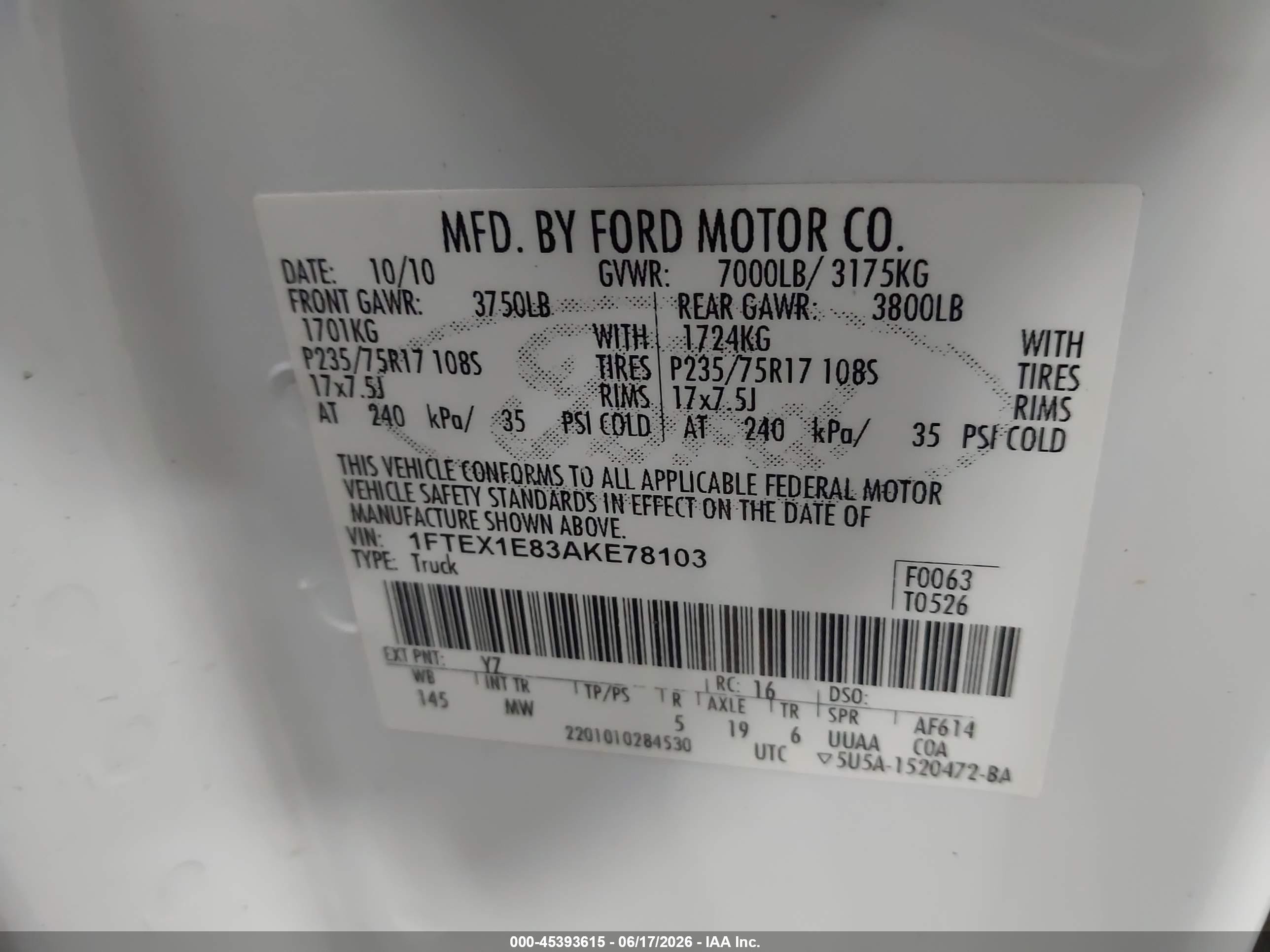2010 Ford F-150 Stx/xl/xlt White vin: 1FTEX1E83AKE78103