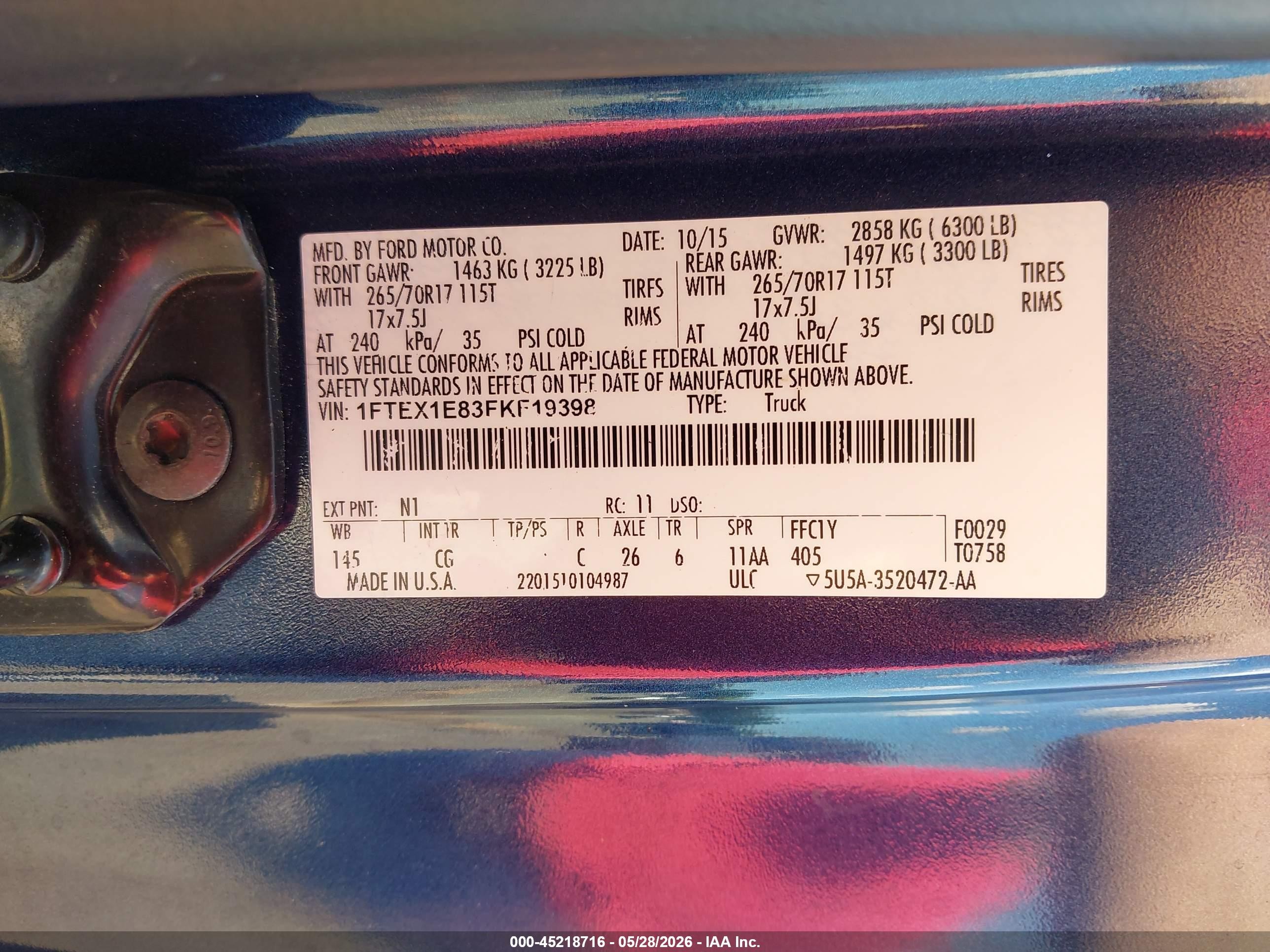 2015 Ford F-150 Xl Blue vin: 1FTEX1E83FKF19398