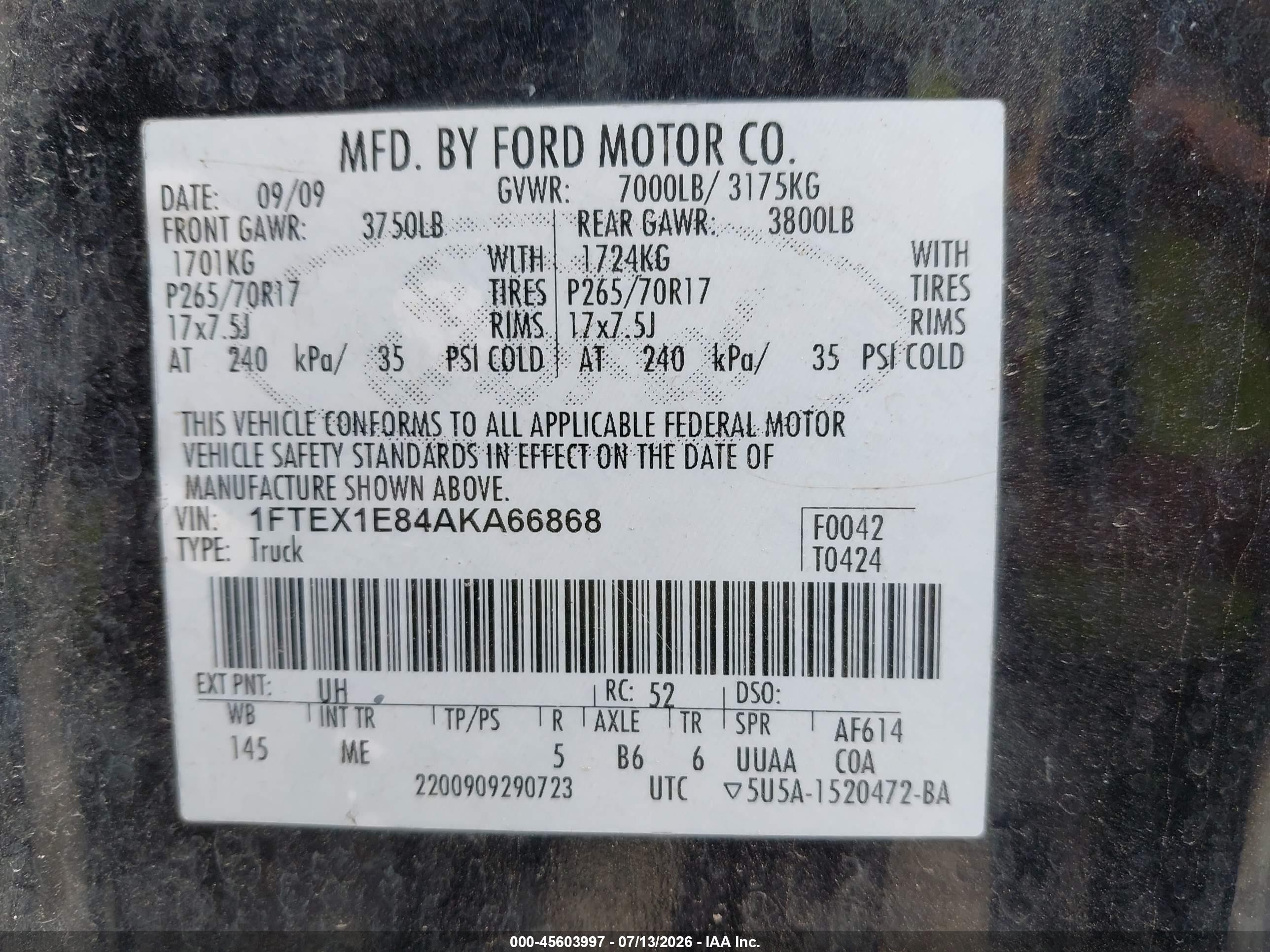 2010 Ford F-150 Stx/xl/xlt Black vin: 1FTEX1E84AKA66868