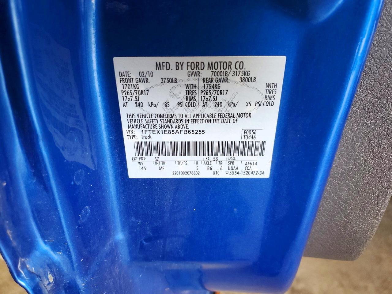 2010 Ford F150 Super Cab Blue vin: 1FTEX1E85AFB65255
