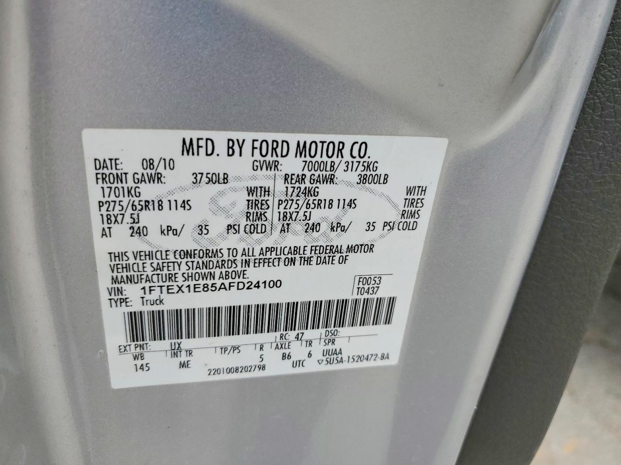 2010 Ford F150 Super Cab Silver vin: 1FTEX1E85AFD24100