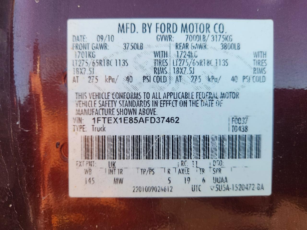 2010 Ford F-150 Maroon vin: 1FTEX1E85AFD37462