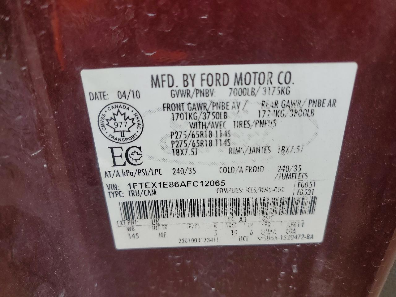 2010 Ford F150 Super Cab Бордовый vin: 1FTEX1E86AFC12065