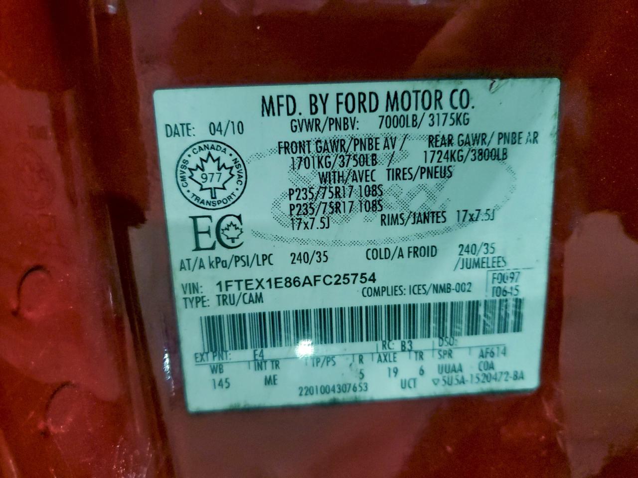 2010 Ford F150 Super Cab Red vin: 1FTEX1E86AFC25754