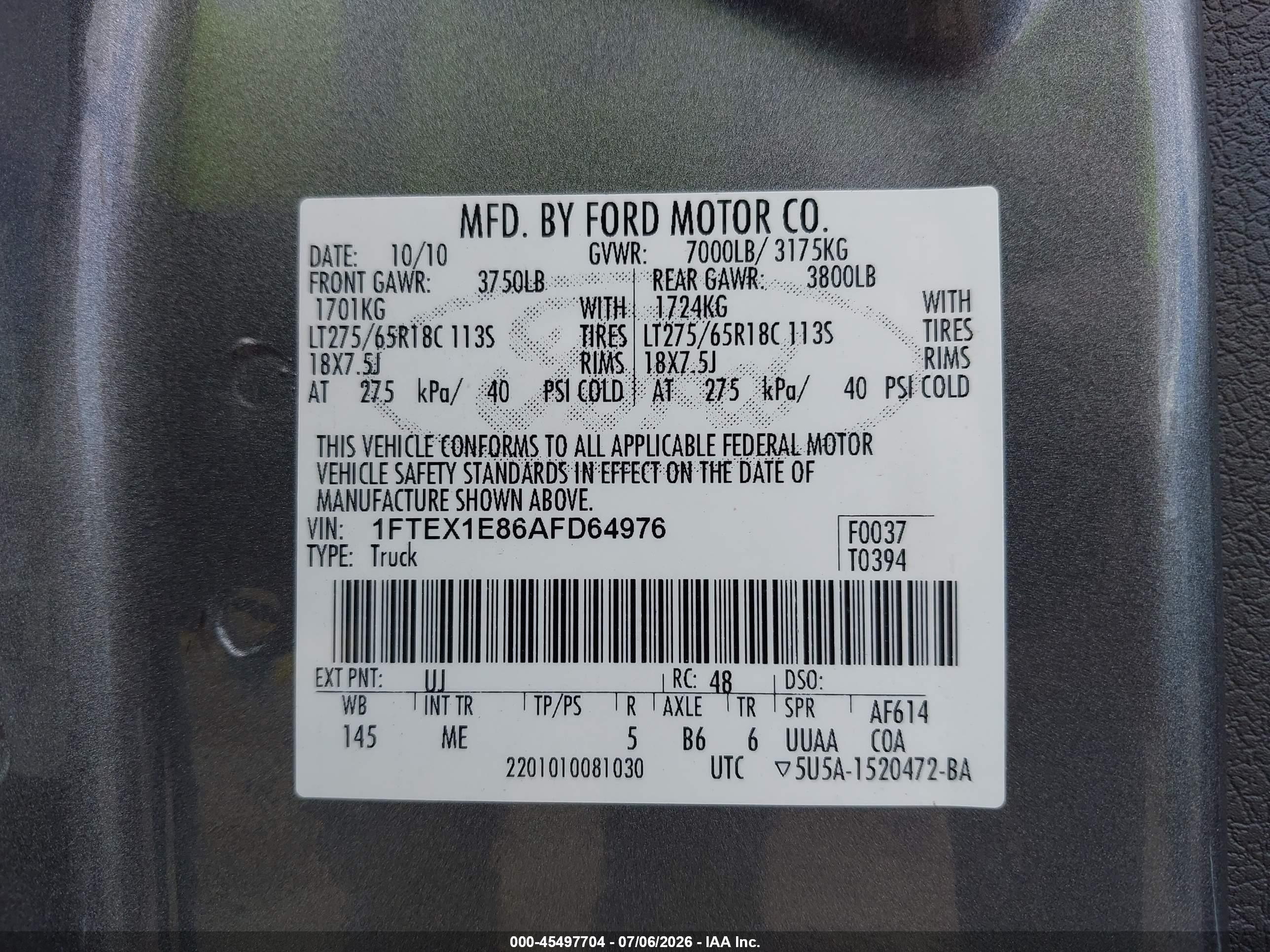 2010 Ford F-150 Stx/xl/xlt Gray vin: 1FTEX1E86AFD64976