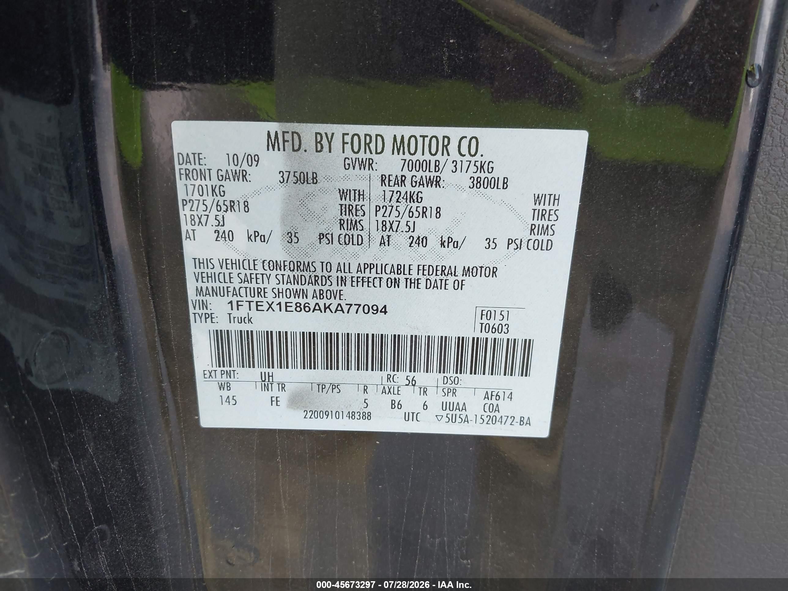 2010 Ford F-150 Stx/xl/xlt Black vin: 1FTEX1E86AKA77094