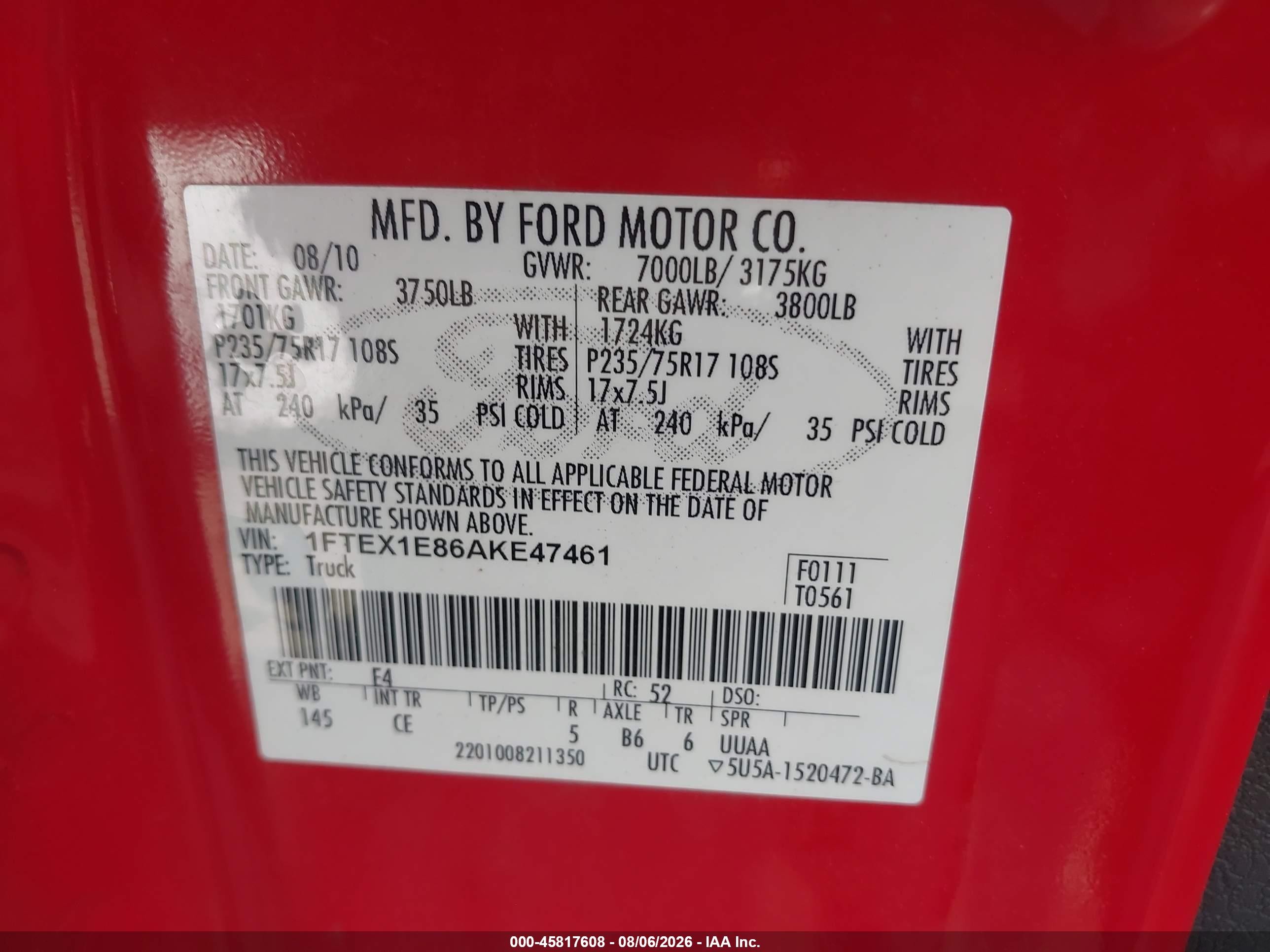 2010 Ford F-150 Stx/xl/xlt Red vin: 1FTEX1E86AKE47461