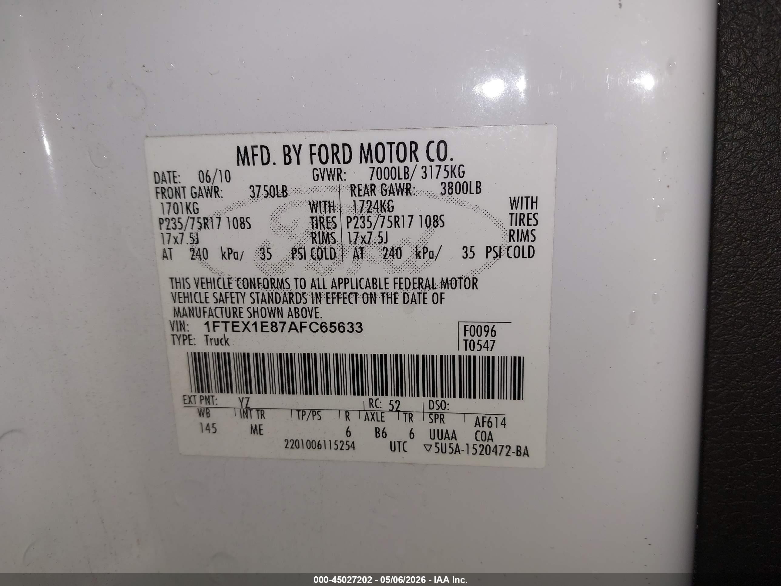 2010 Ford F-150 Stx/xl/xlt Белый vin: 1FTEX1E87AFC65633