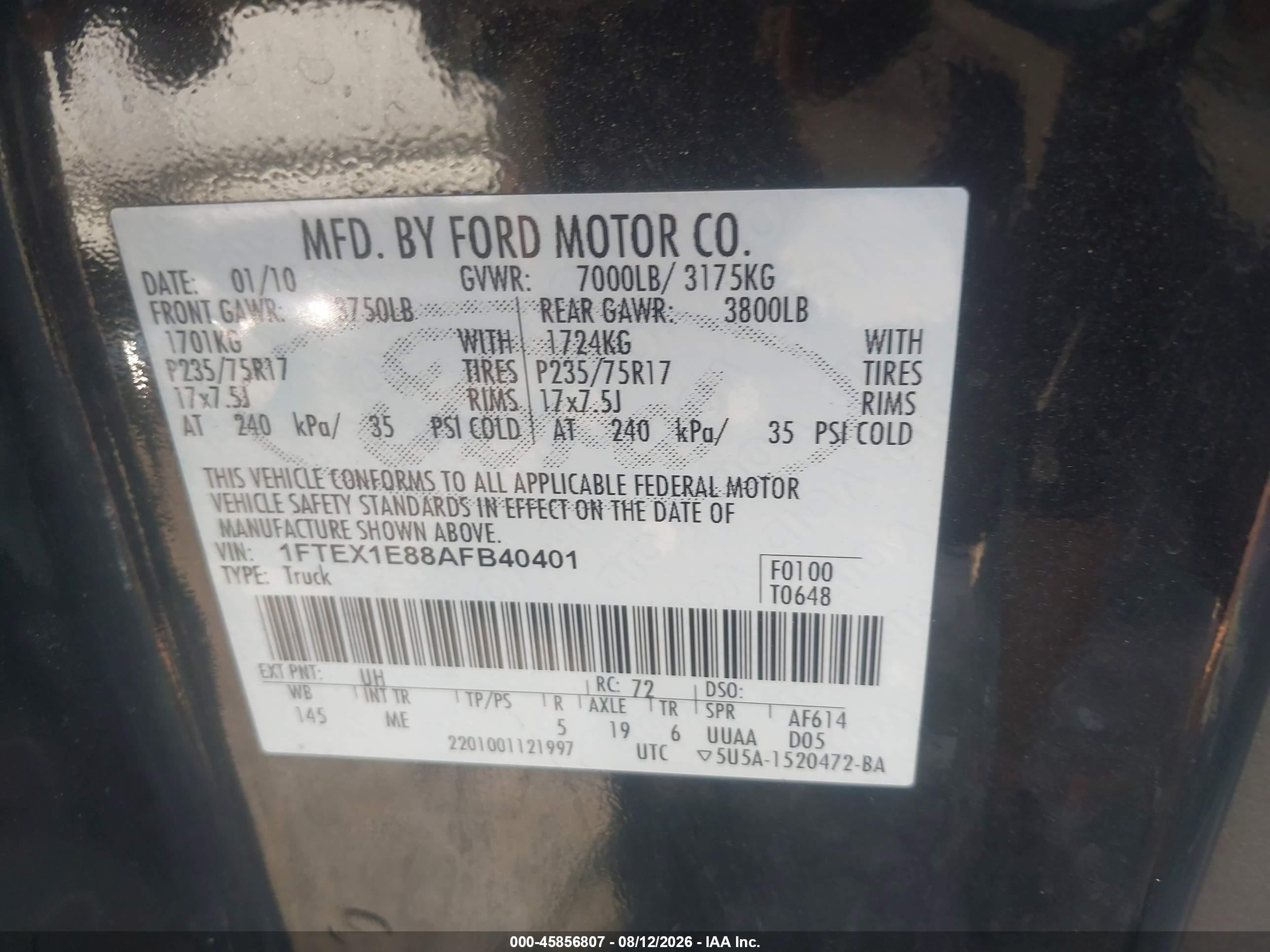 2010 Ford F-150 Xlt Black vin: 1FTEX1E88AFB40401