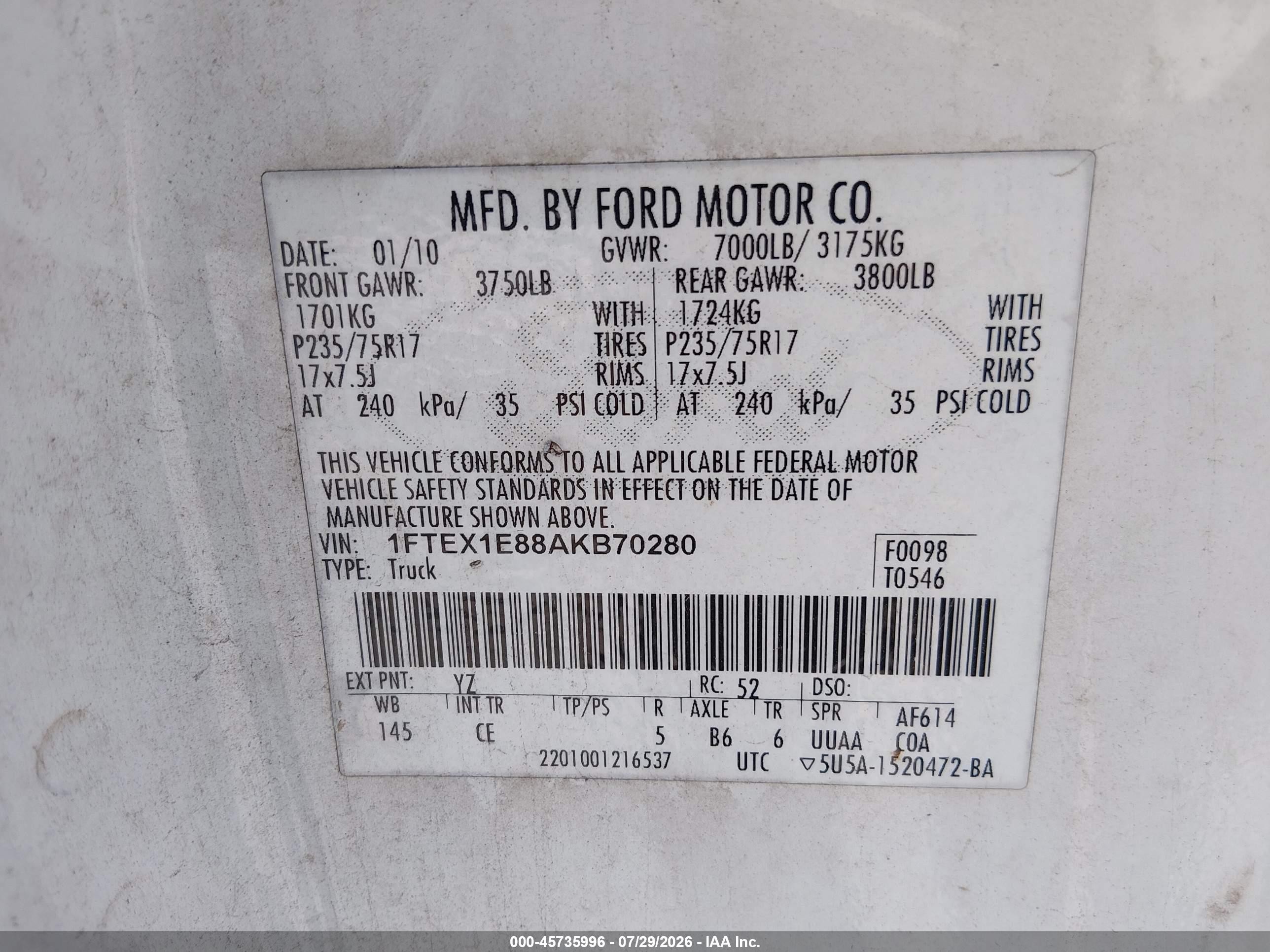 2010 Ford F-150 Stx/xl/xlt White vin: 1FTEX1E88AKB70280