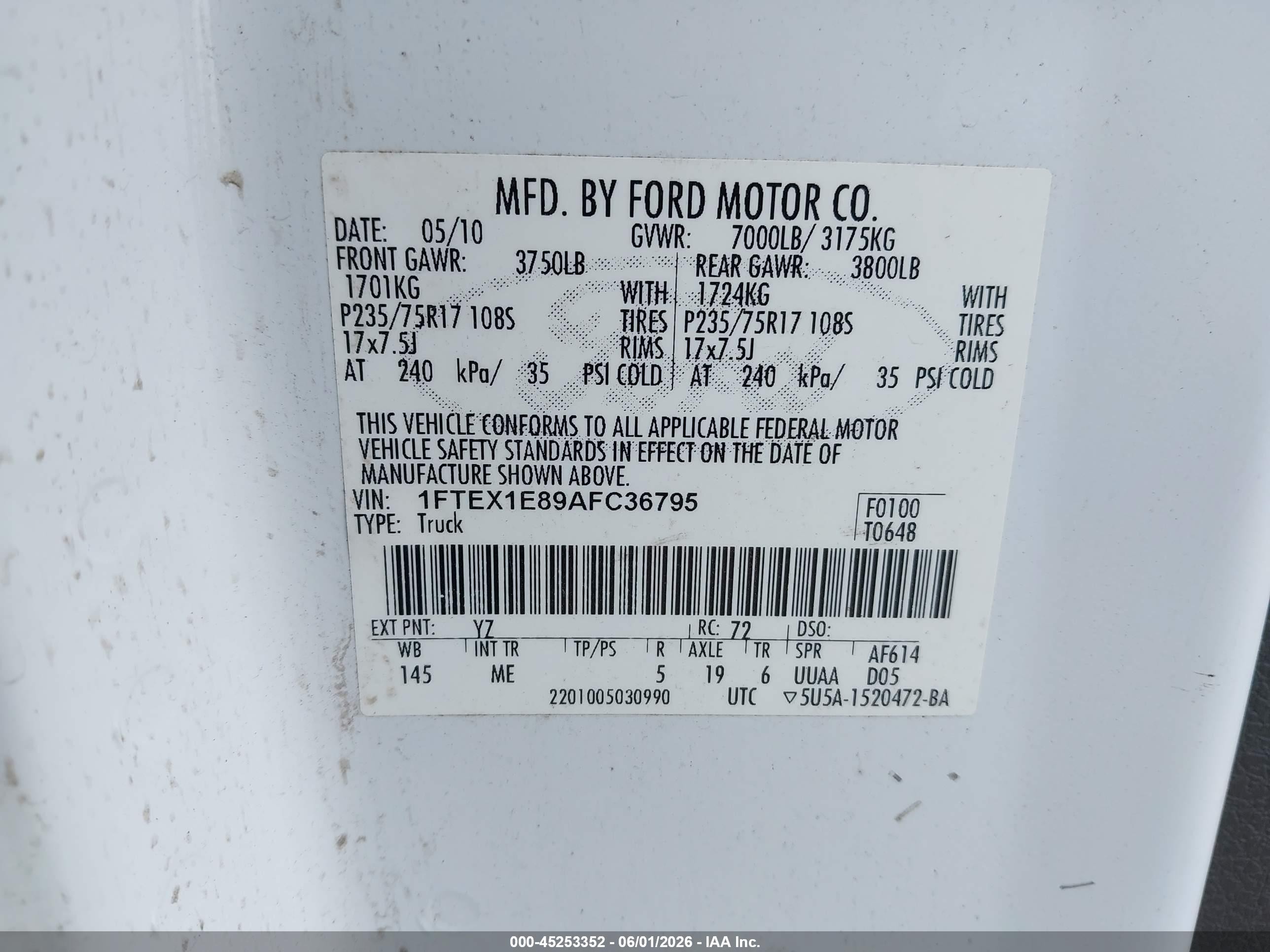 2010 Ford F-150 Stx/xl/xlt White vin: 1FTEX1E89AFC36795
