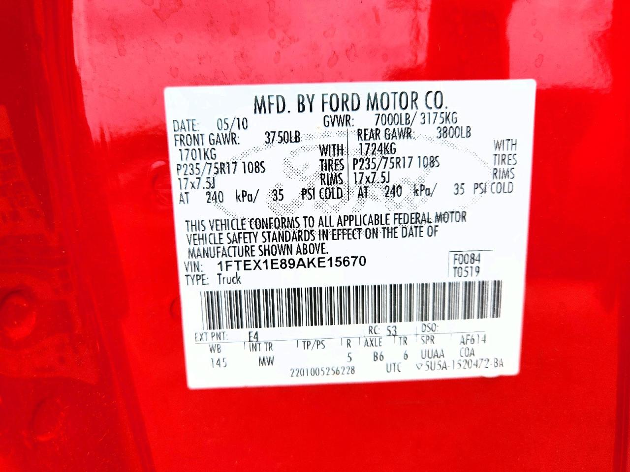 2010 Ford F150 Super Cab Red vin: 1FTEX1E89AKE15670