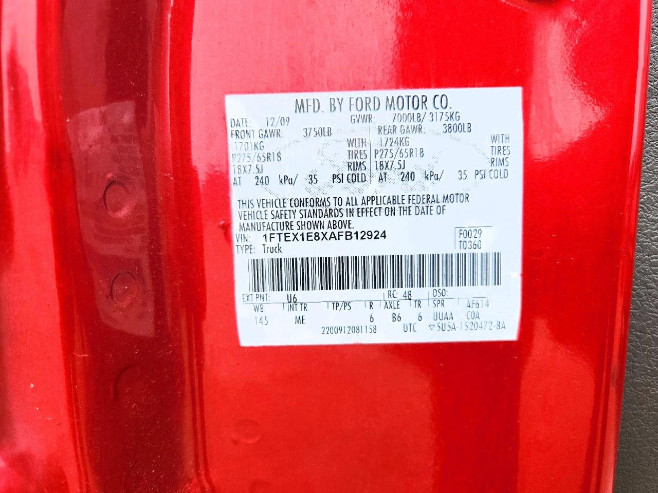 2010 Ford F150 Super Cab Red vin: 1FTEX1E8XAFB12924