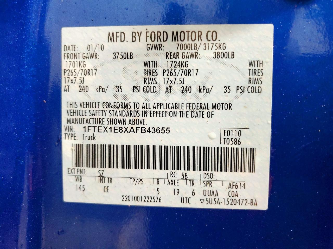 2010 Ford F150 Super Cab Blue vin: 1FTEX1E8XAFB43655