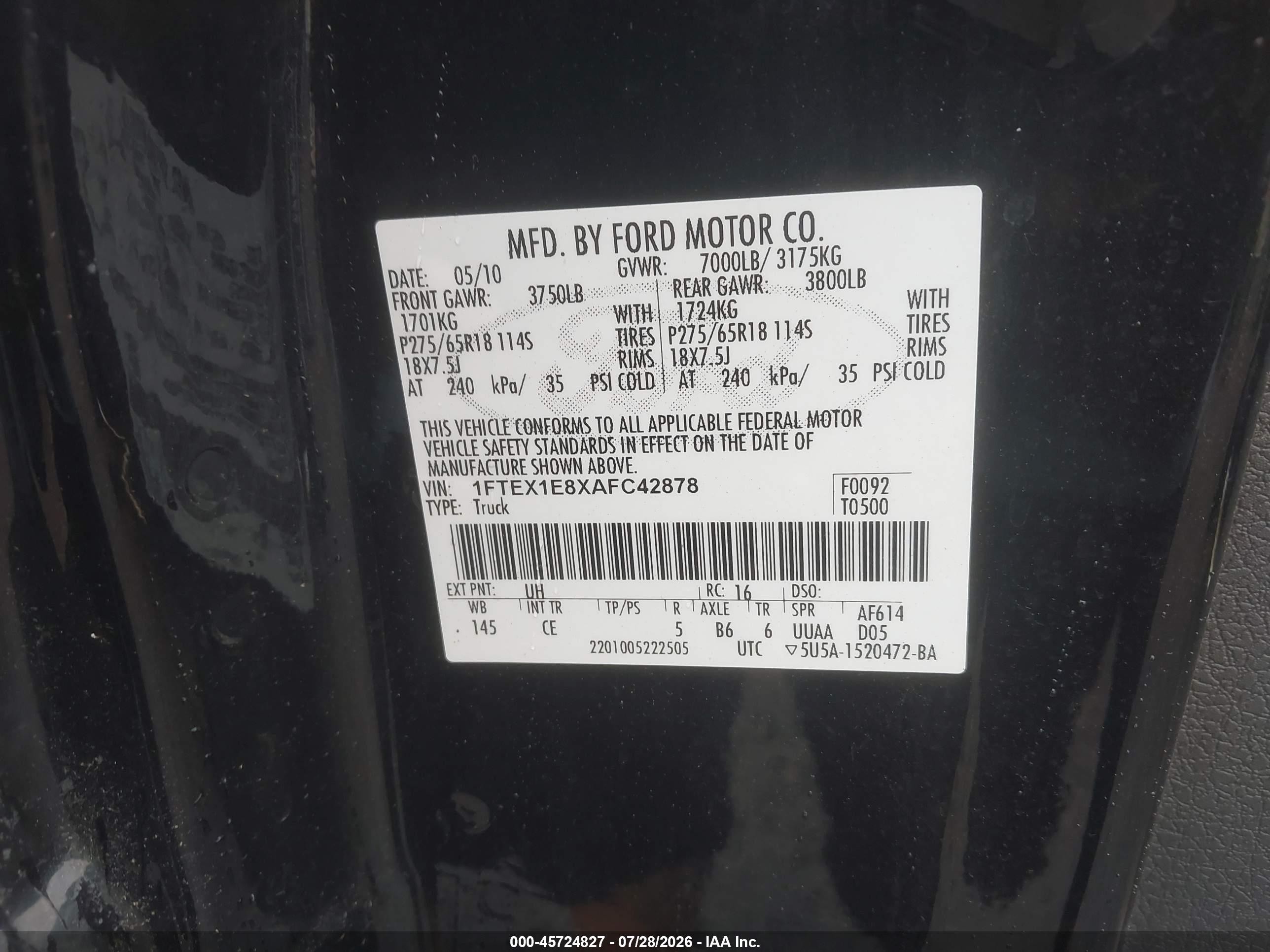 2010 Ford F-150 Stx/xl/xlt Black vin: 1FTEX1E8XAFC42878