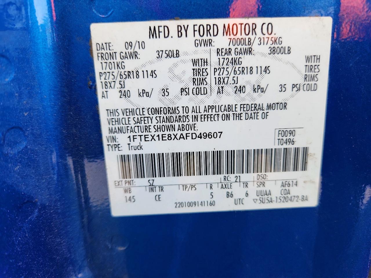 2010 Ford F150 Super Cab Blue vin: 1FTEX1E8XAFD49607