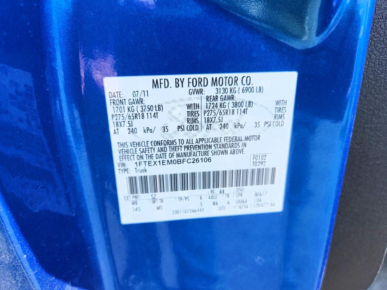 2011 Ford F150 Super Cab Blue vin: 1FTEX1EM0BFC26106