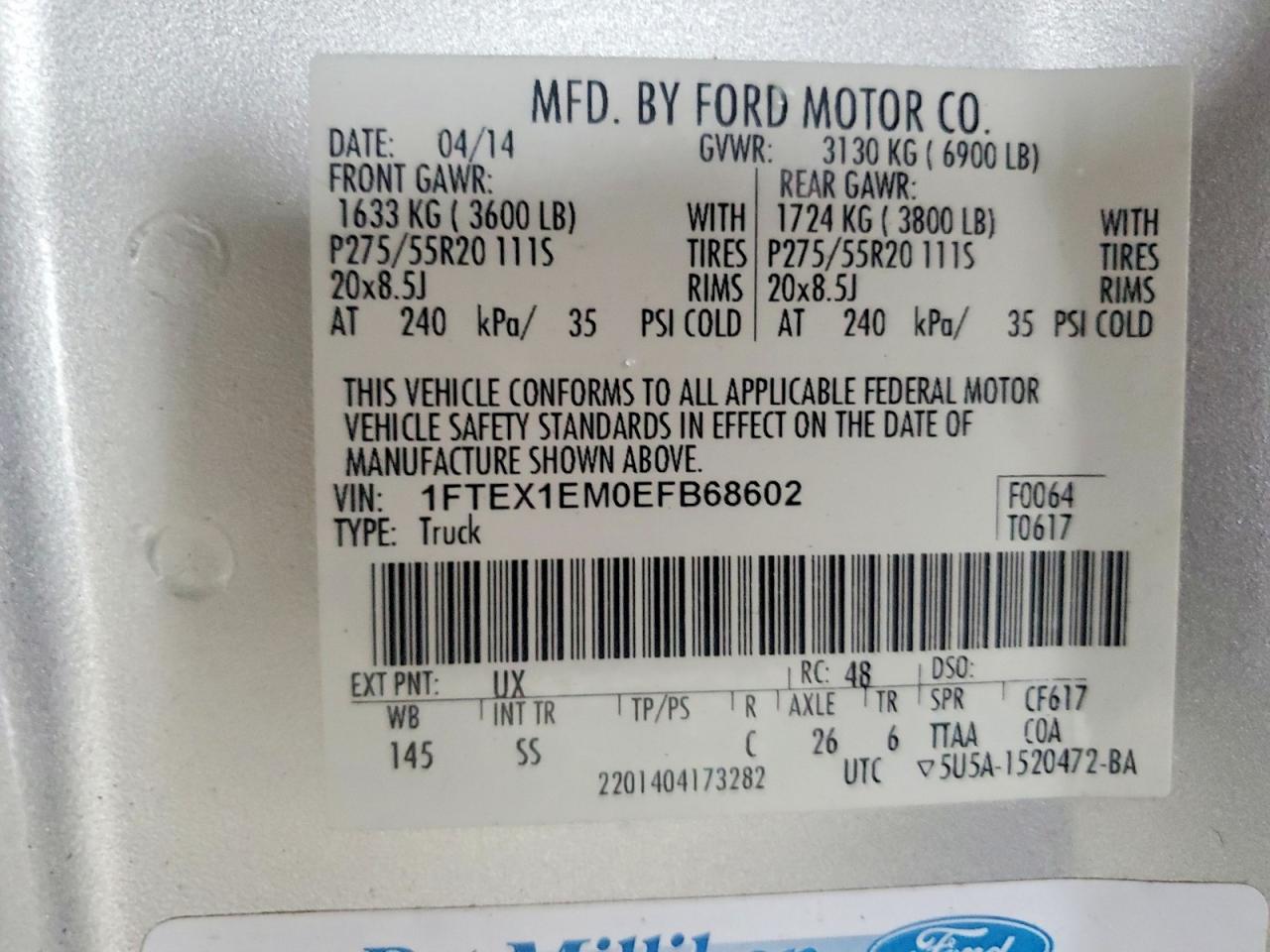 2014 Ford F150 Super Cab White vin: 1FTEX1EM0EFB68602