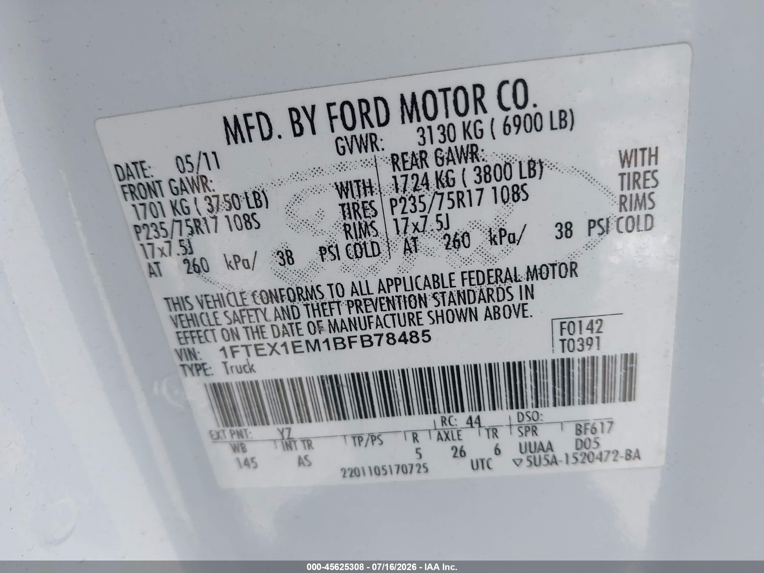 2011 Ford F-150 Xl White vin: 1FTEX1EM1BFB78485