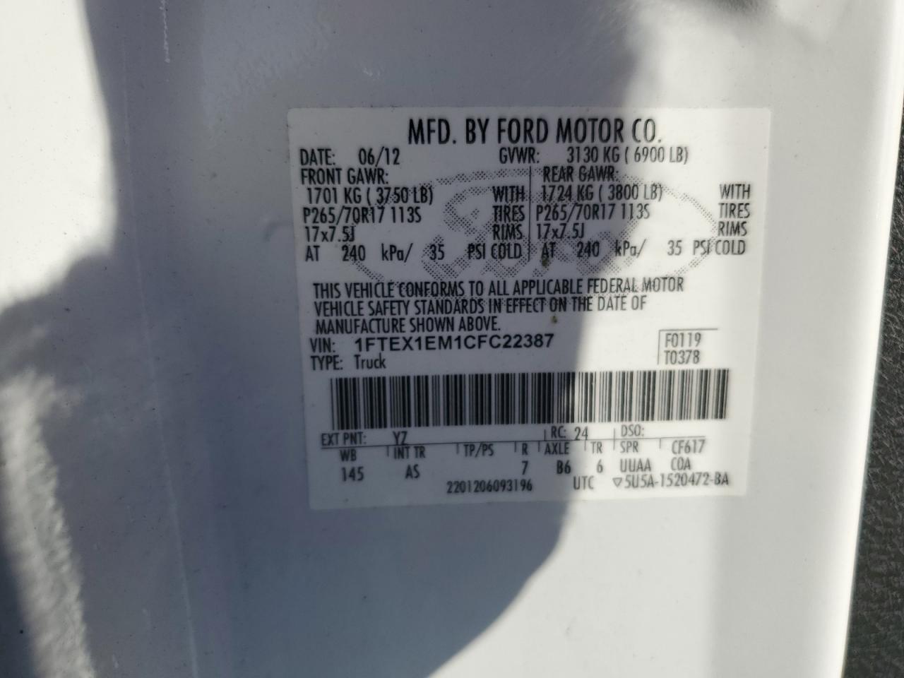 2012 Ford F150 Super Cab White vin: 1FTEX1EM1CFC22387