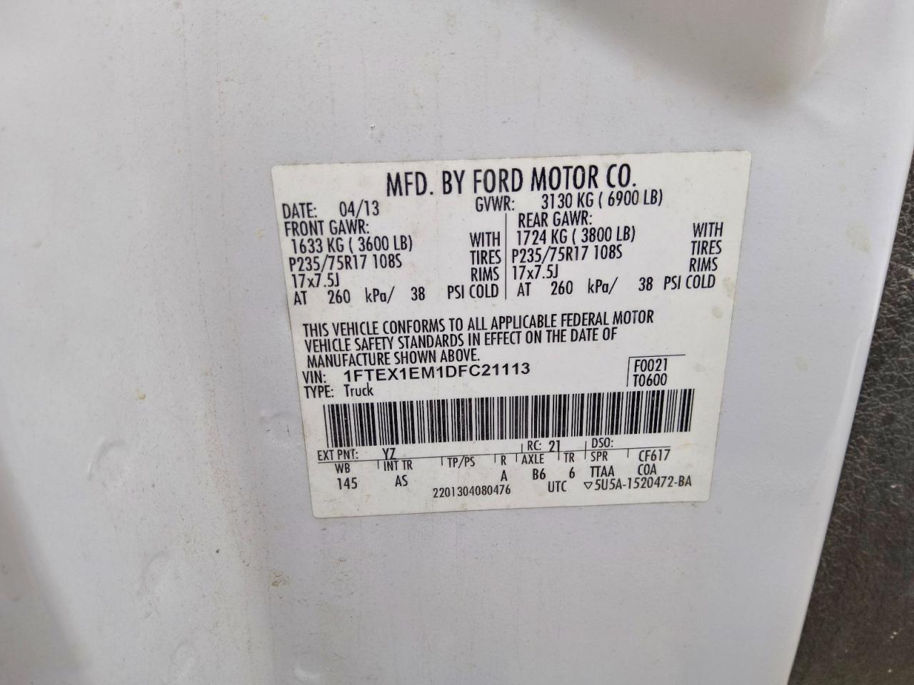 2013 Ford F150 Super Cab White vin: 1FTEX1EM1DFC21113