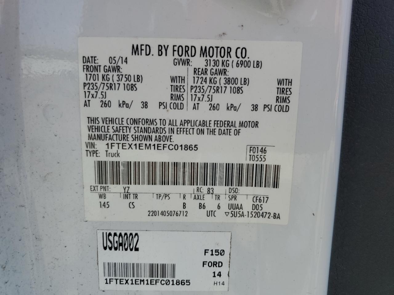 2014 Ford F150 Super Cab White vin: 1FTEX1EM1EFC01865