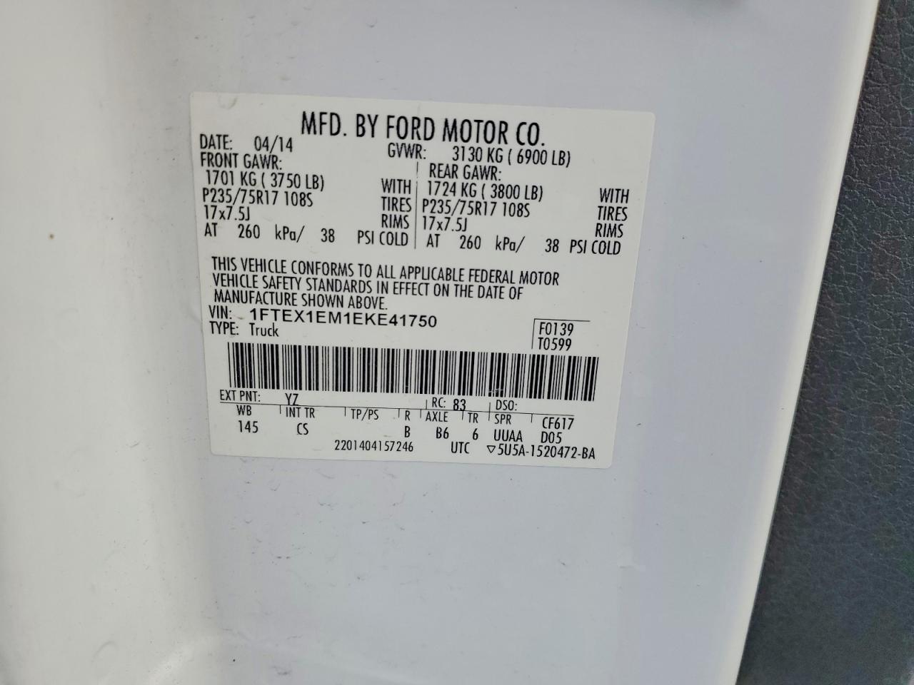 2014 Ford F150 Super Cab White vin: 1FTEX1EM1EKE41750