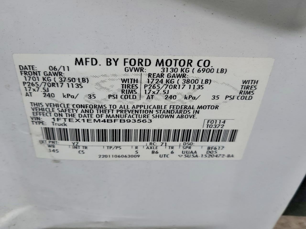 2011 Ford F150 Super Cab White vin: 1FTEX1EM4BFB93563