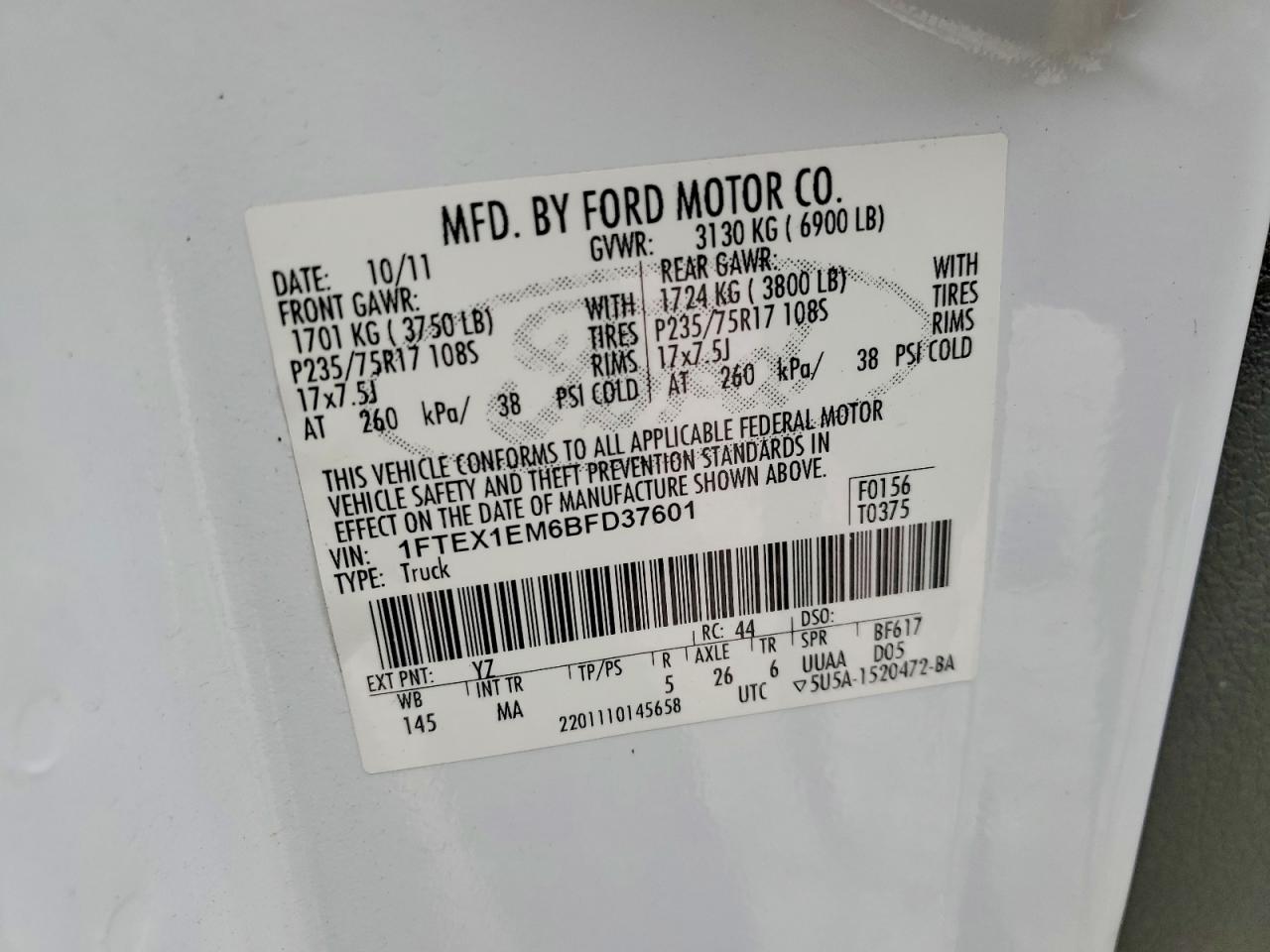 2011 Ford F150 Super Cab White vin: 1FTEX1EM6BFD37601