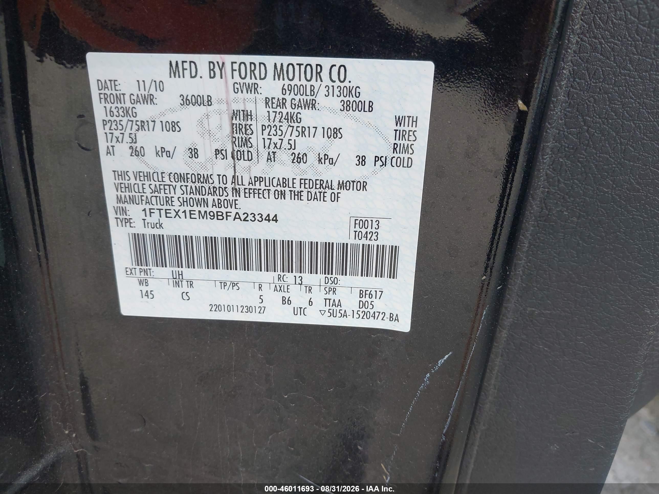 2011 Ford F-150 Xl Black vin: 1FTEX1EM9BFA23344