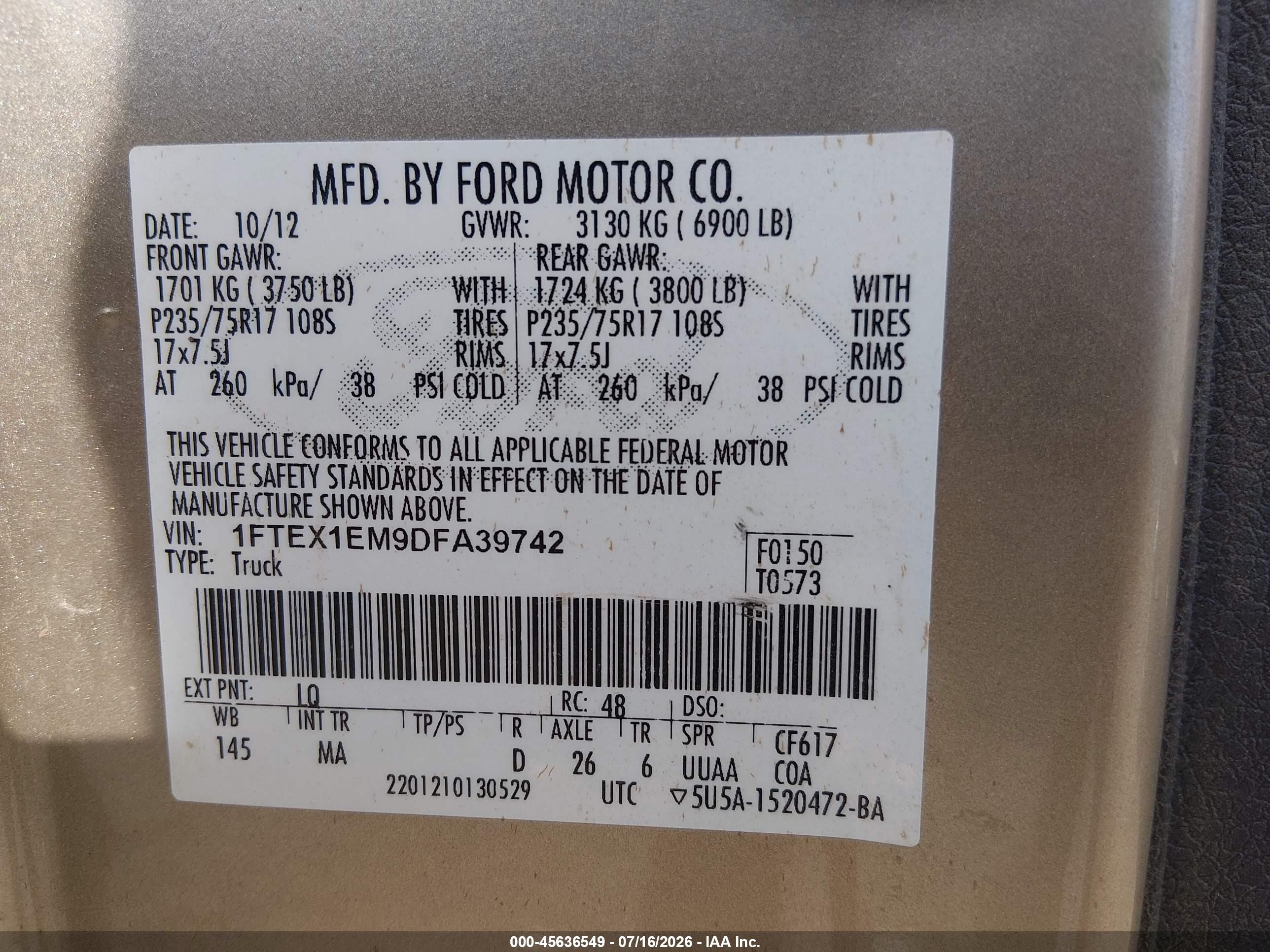 2013 Ford F-150 Xlt Champagne vin: 1FTEX1EM9DFA39742