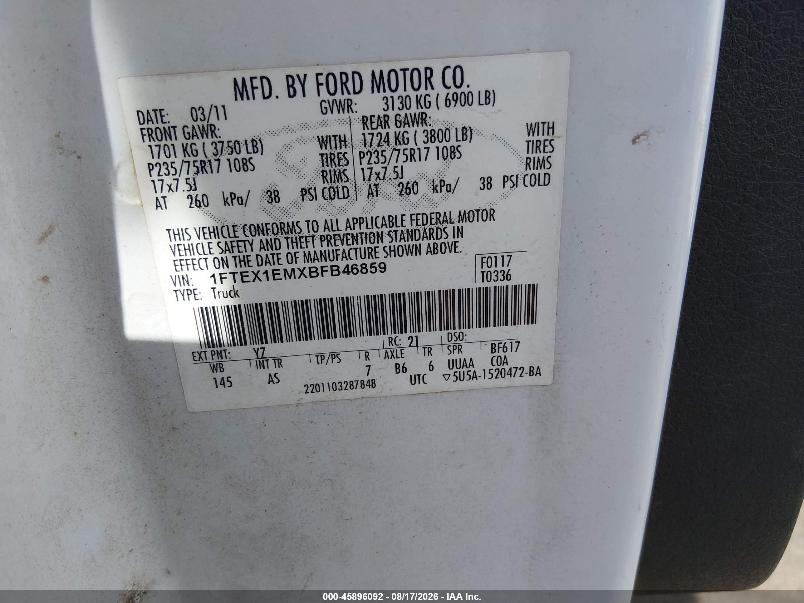 2011 Ford F-150 Xl White vin: 1FTEX1EMXBFB46859