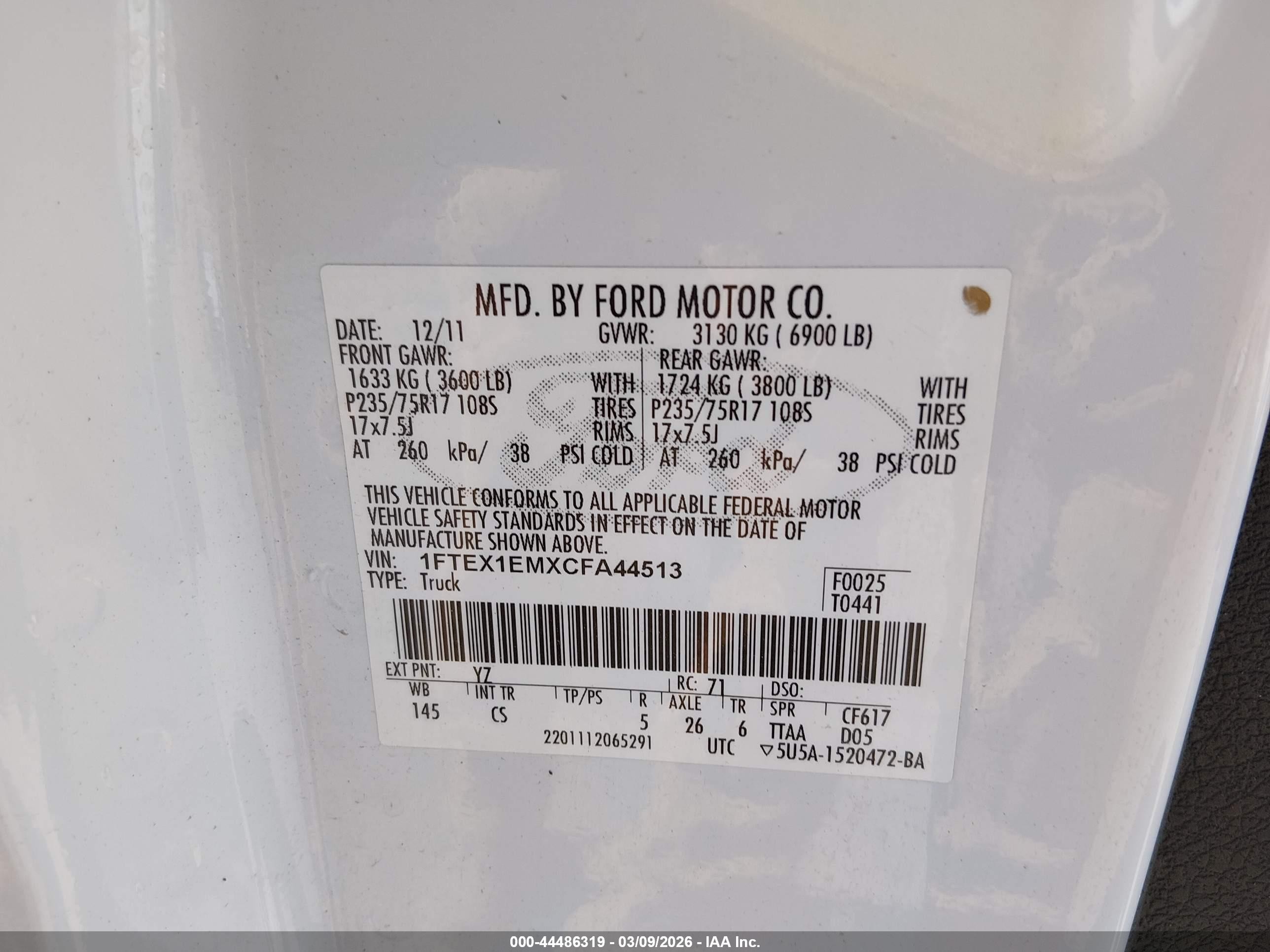 2012 Ford F-150 Xl White vin: 1FTEX1EMXCFA44513