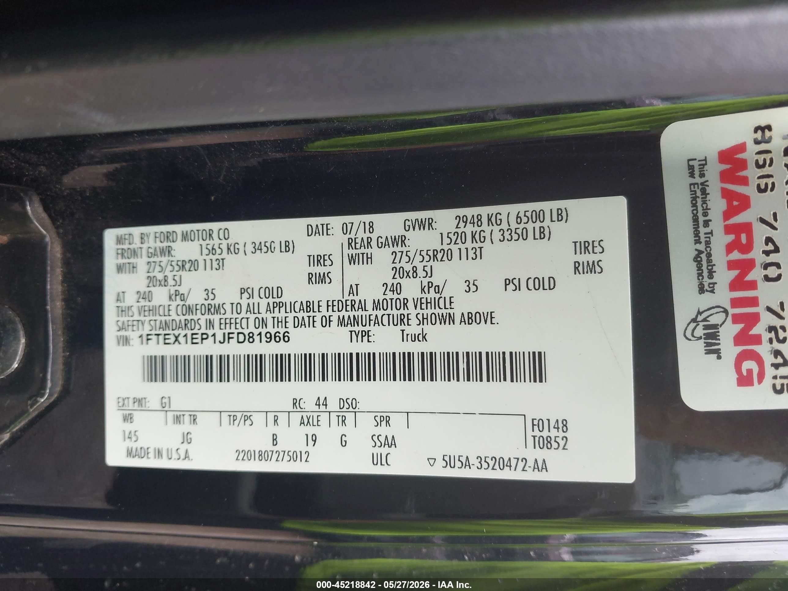 2018 Ford F-150 Xl Black vin: 1FTEX1EP1JFD81966