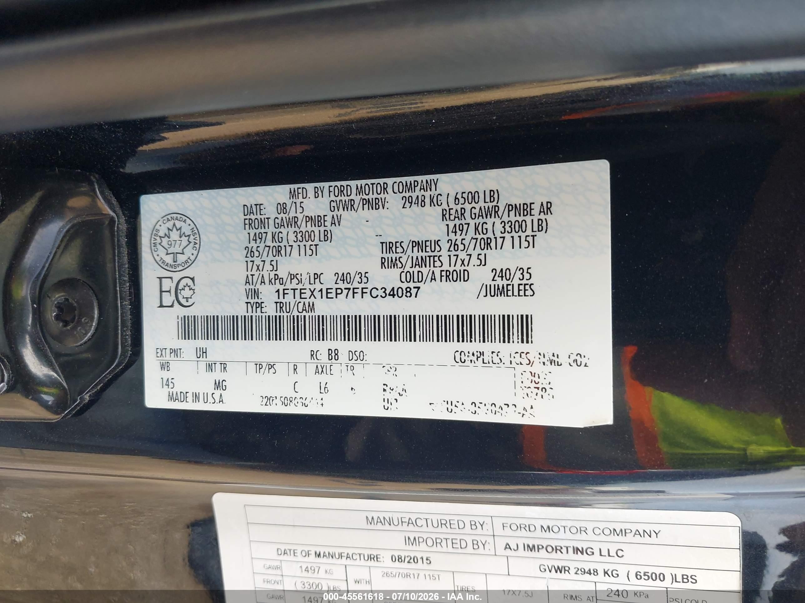 2015 Ford F-150 Xlt Black vin: 1FTEX1EP7FFC34087
