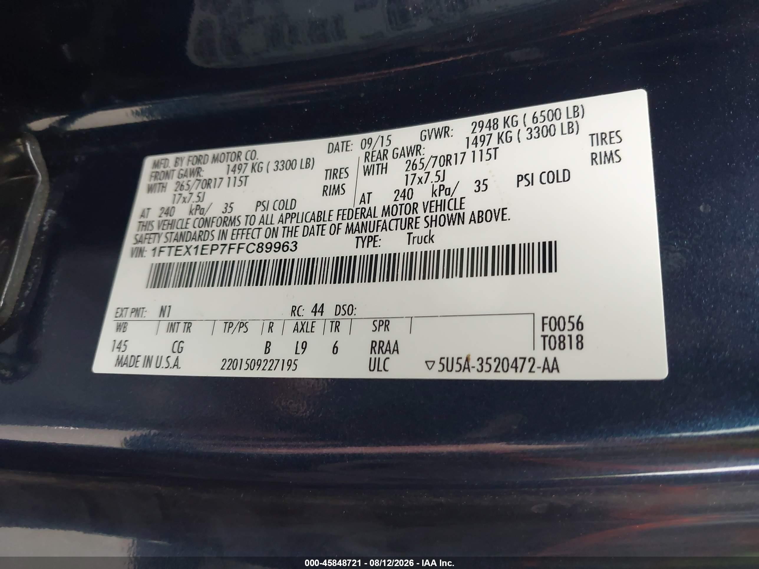 2015 Ford F-150 Xl Blue vin: 1FTEX1EP7FFC89963