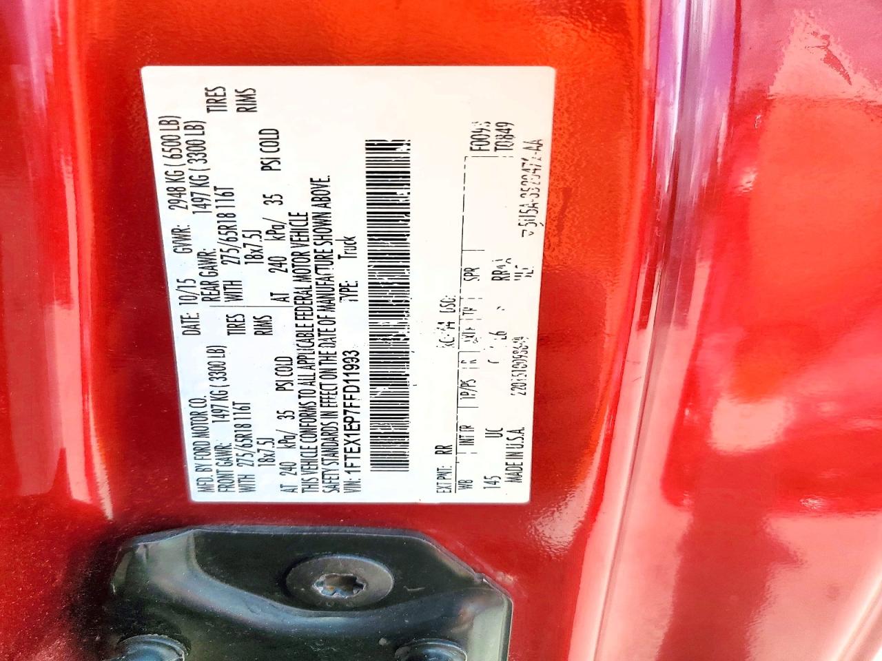 2015 Ford F150 Super Cab Red vin: 1FTEX1EP7FFD11993