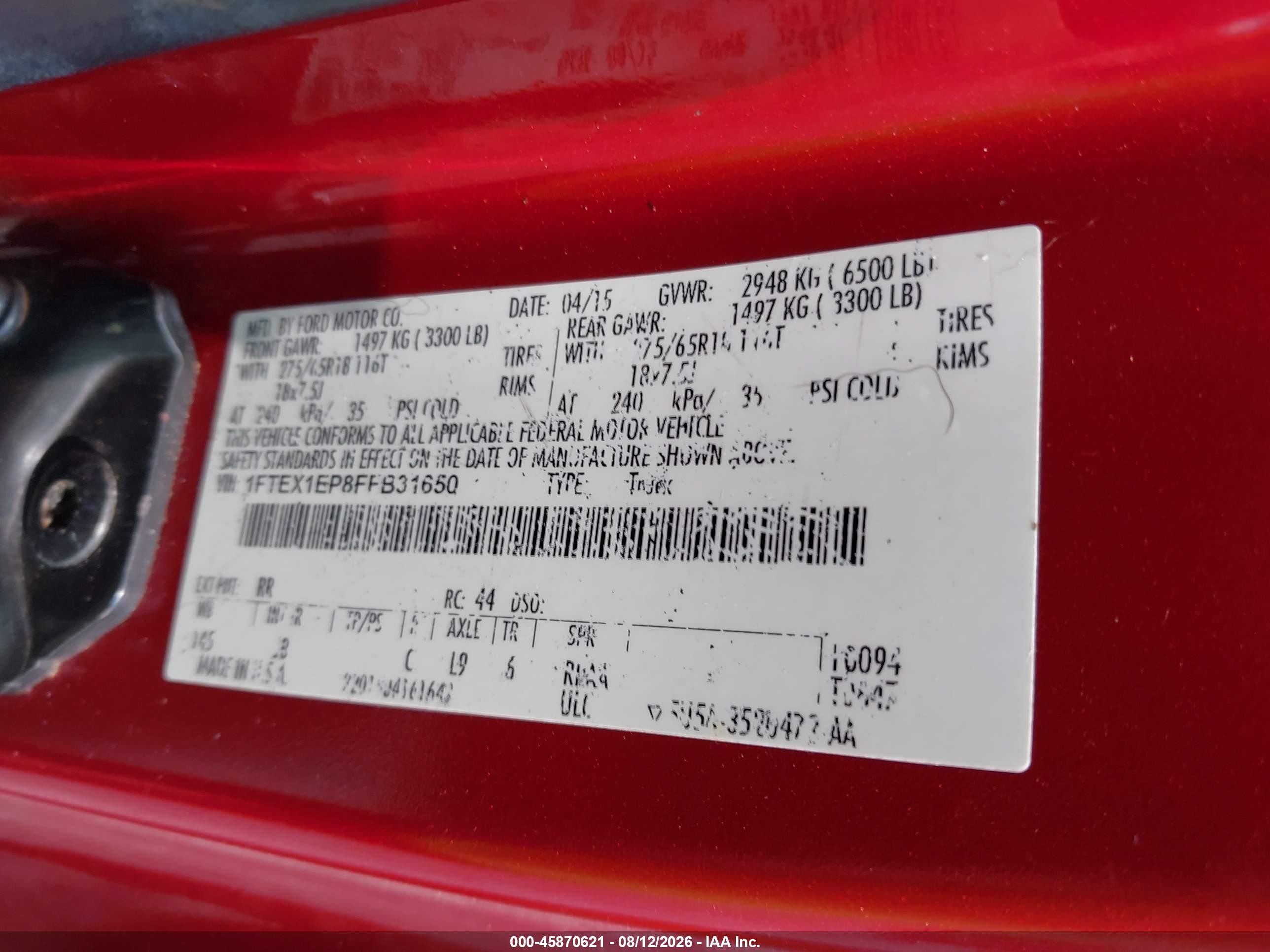 2015 Ford F-150 Xlt Red vin: 1FTEX1EP8FFB31650