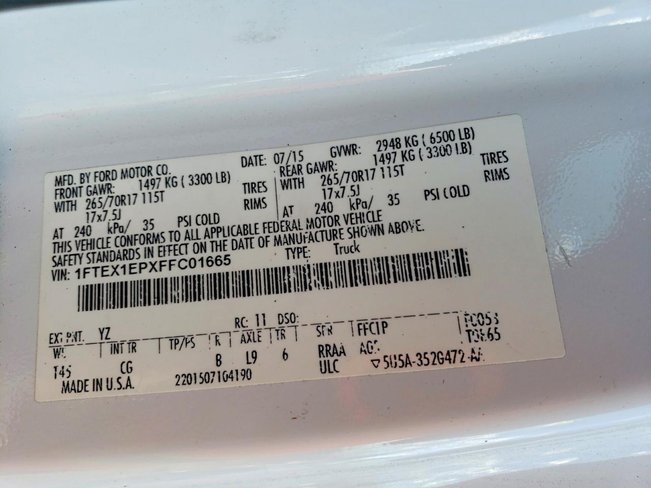 2015 Ford F150 Super Cab White vin: 1FTEX1EPXFFC01665