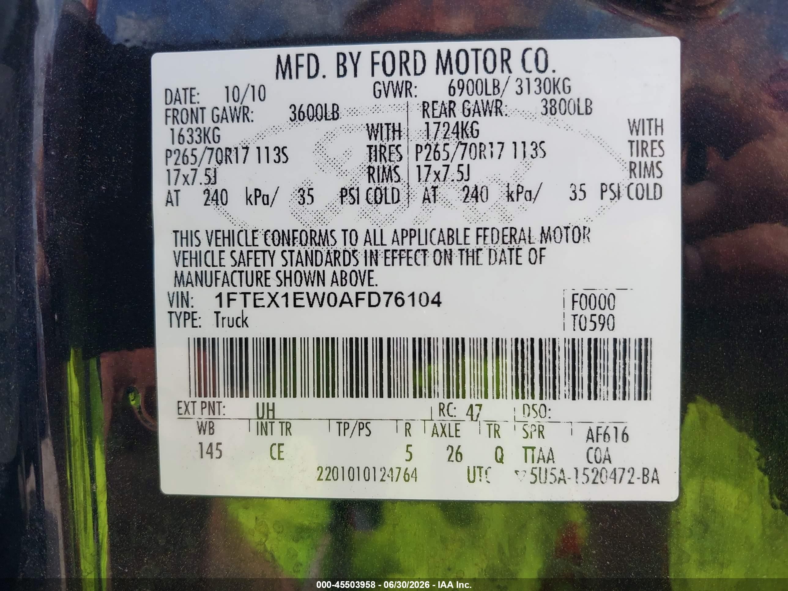 2010 Ford F-150 Stx/xl Black vin: 1FTEX1EW0AFD76104
