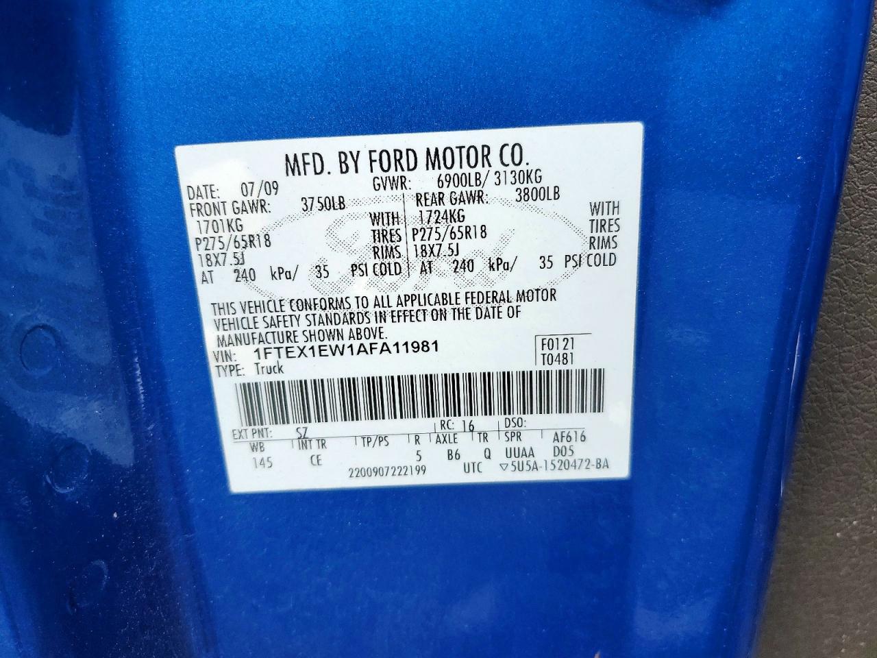 2010 Ford F150 Super Cab Blue vin: 1FTEX1EW1AFA11981