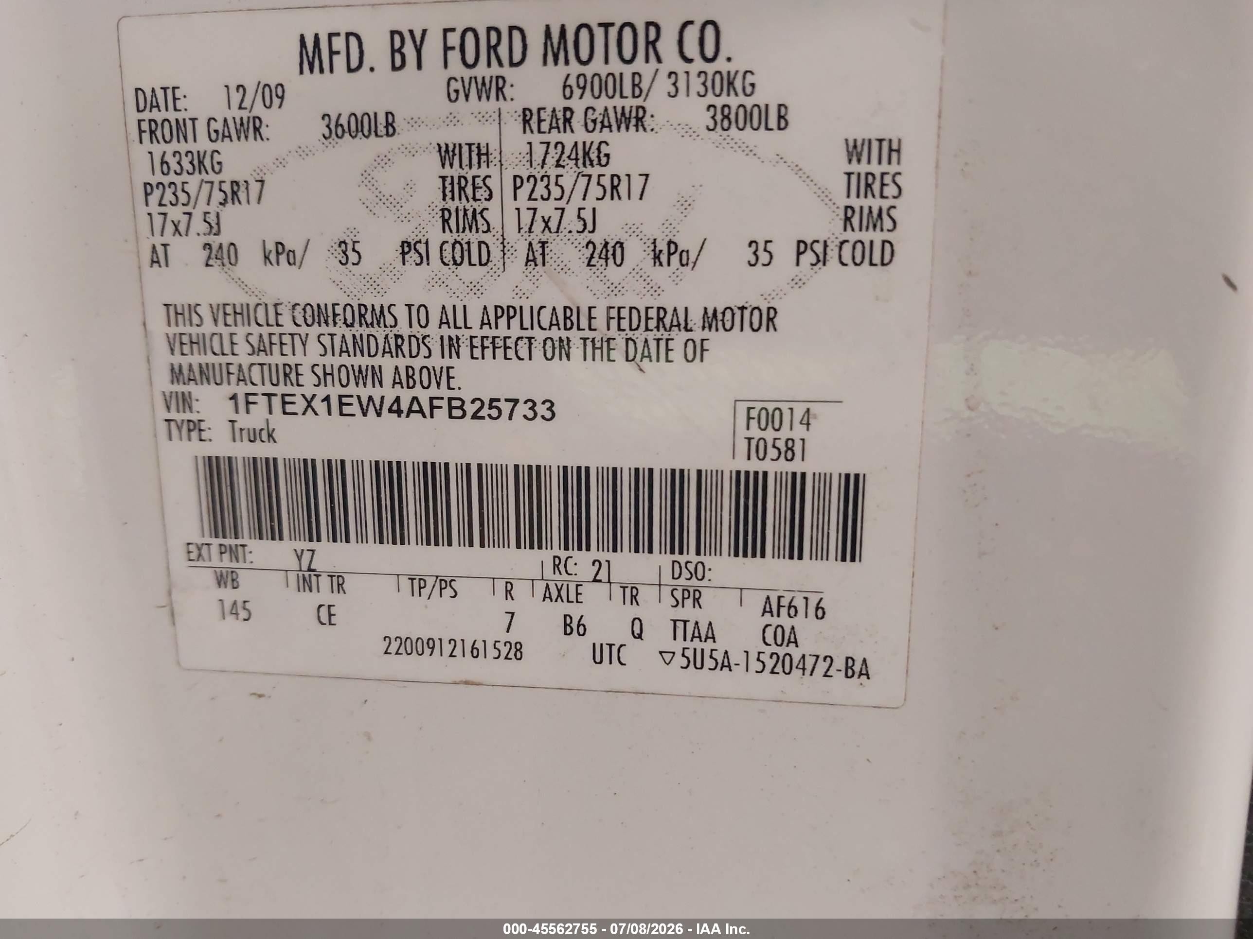 2010 Ford F-150 Xl White vin: 1FTEX1EW4AFB25733