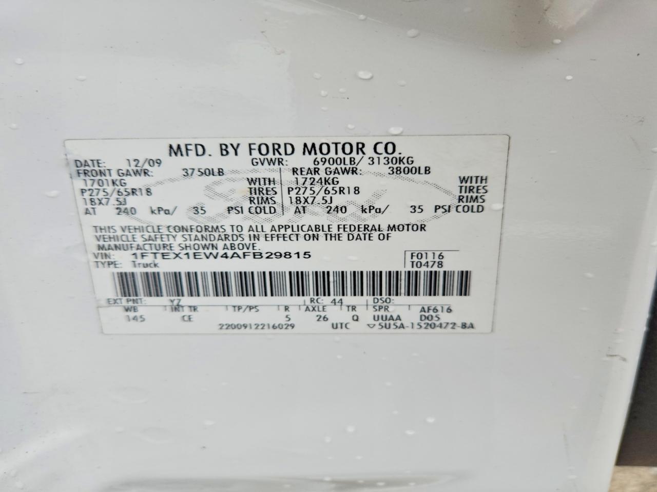 2010 Ford F150 Super Cab White vin: 1FTEX1EW4AFB29815