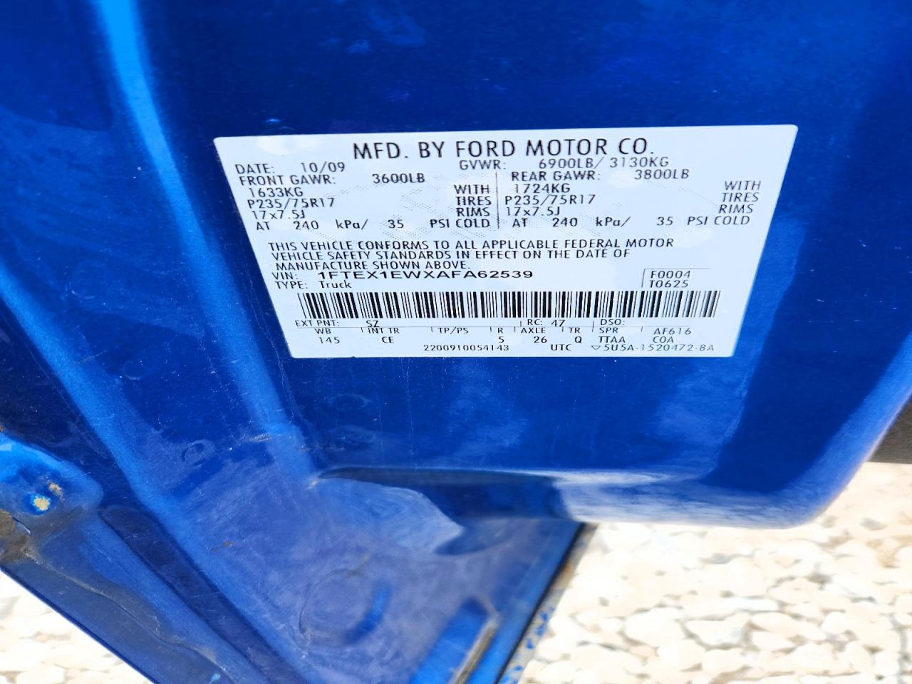 2010 Ford F150 Super Cab Blue vin: 1FTEX1EWXAFA62539