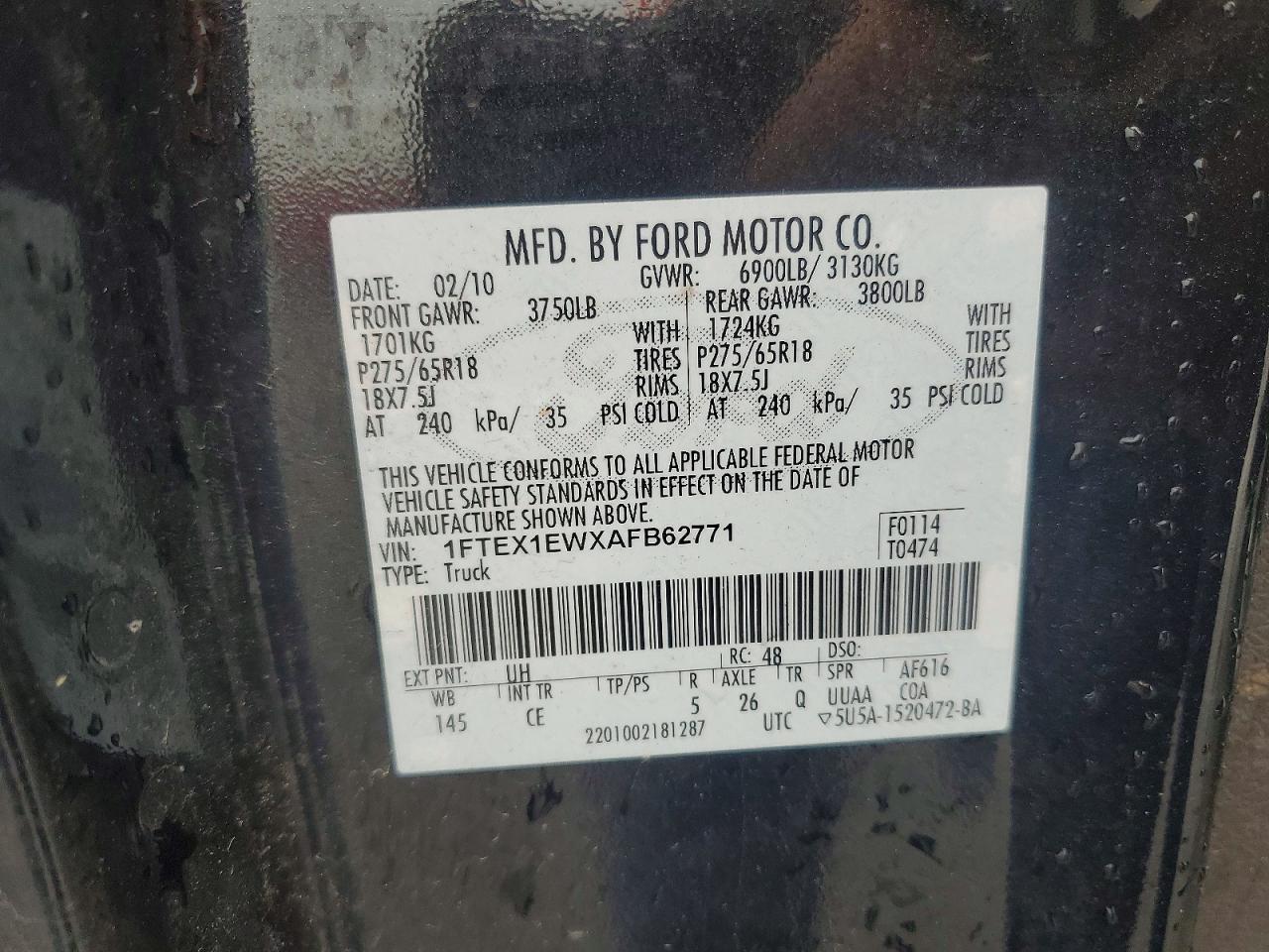 2010 Ford F150 Super Cab Black vin: 1FTEX1EWXAFB62771