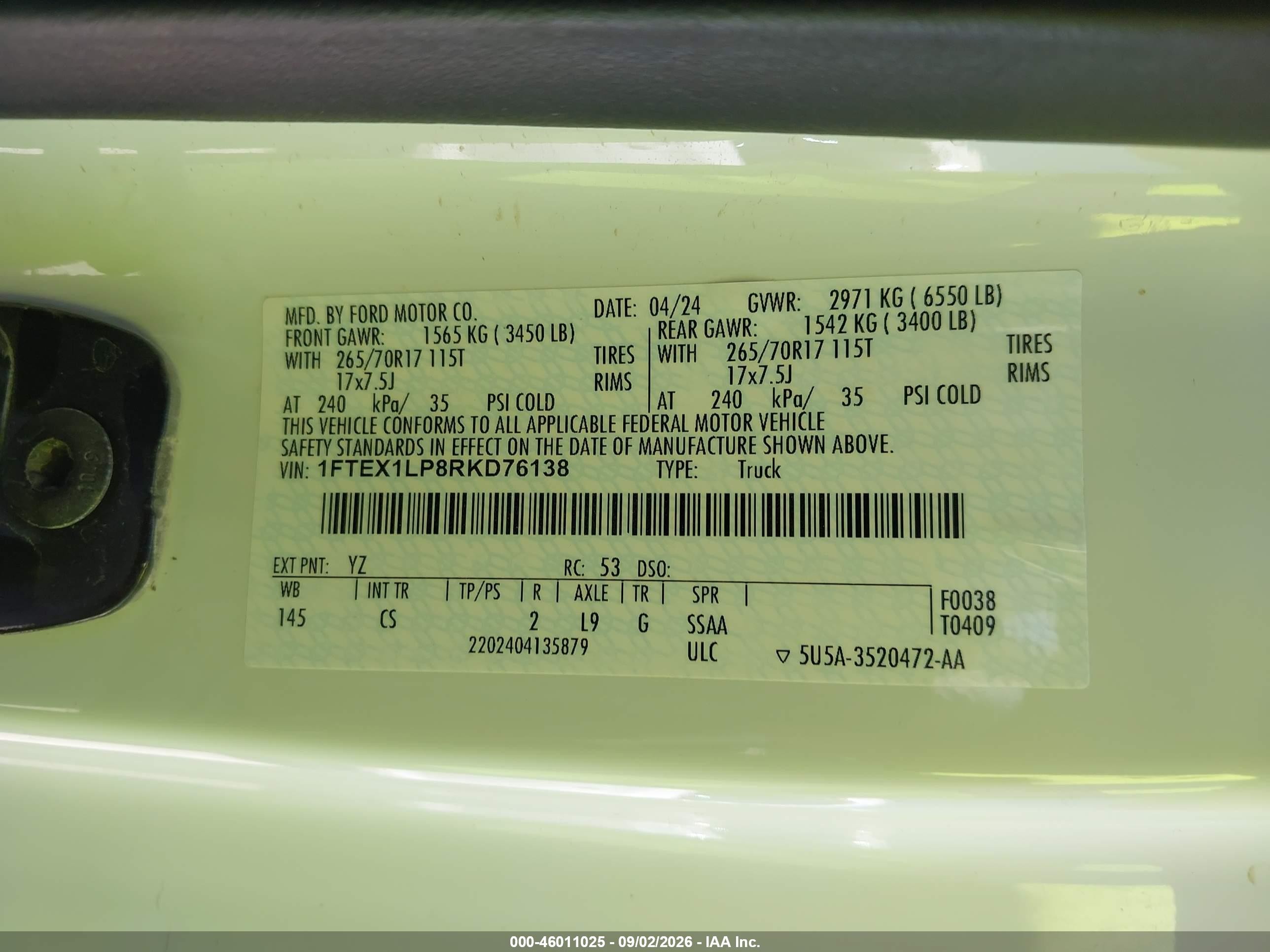 2024 Ford F-150 Xl White vin: 1FTEX1LP8RKD76138