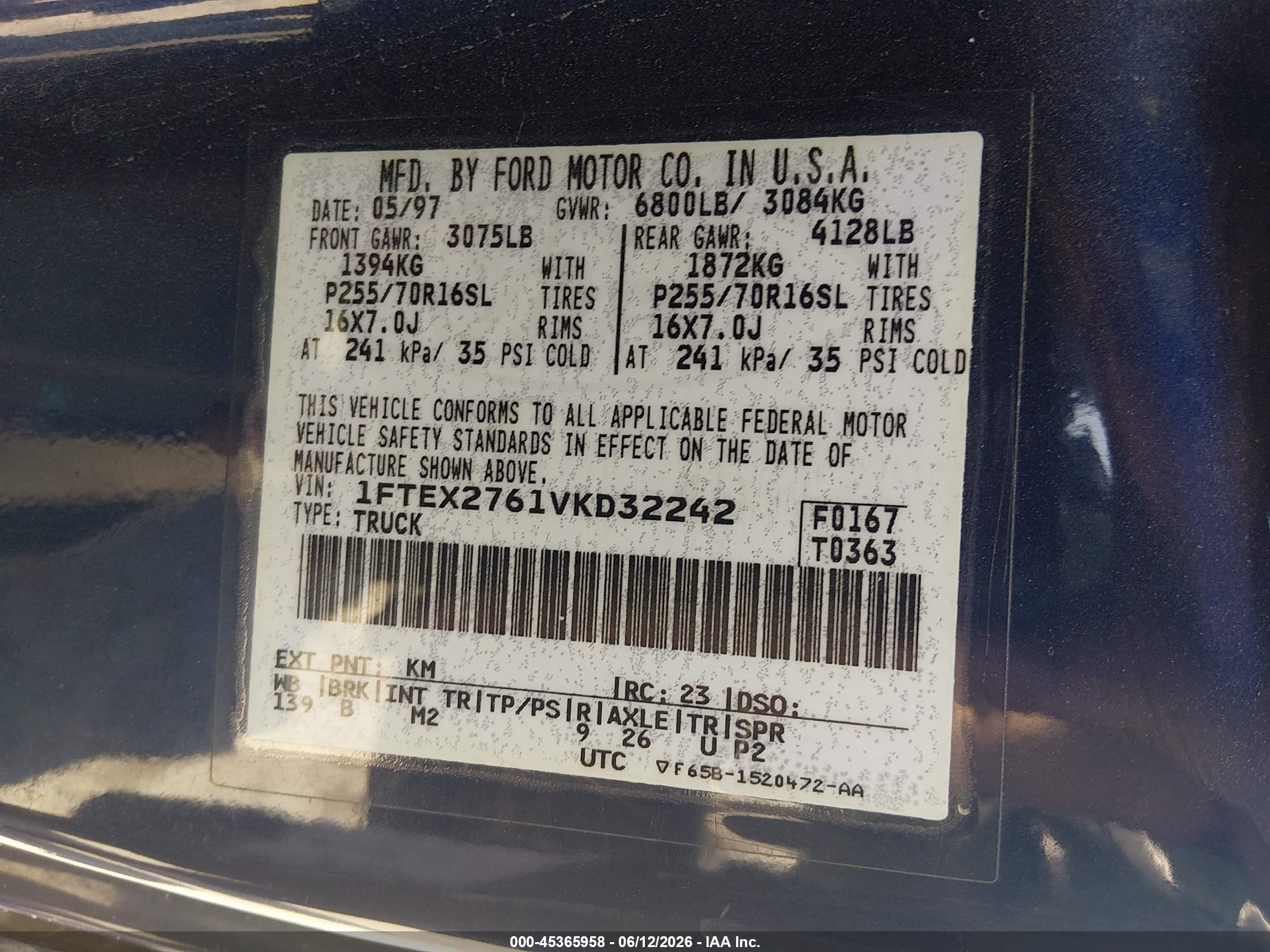 1997 Ford F-250 Standard Lariat/standard/xl/xlt Синий vin: 1FTEX2761VKD32242